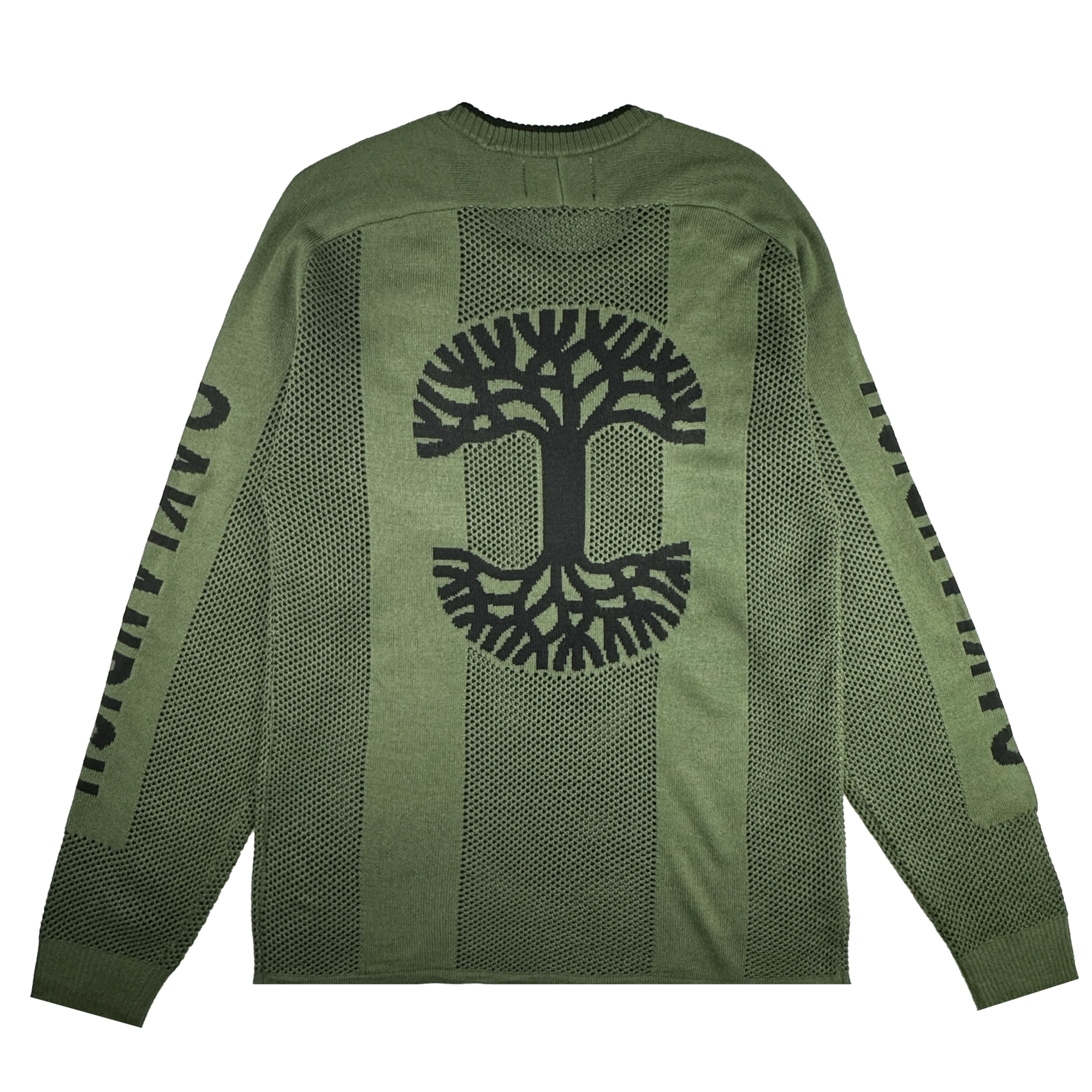 The Oaklandish Terrace Sweater is a men’s green knit with a black stylized tree on the back, black dot patterns, and “OWNTURN” printed on both sleeves. The bold army-inspired design is by brand Oaklandish.
