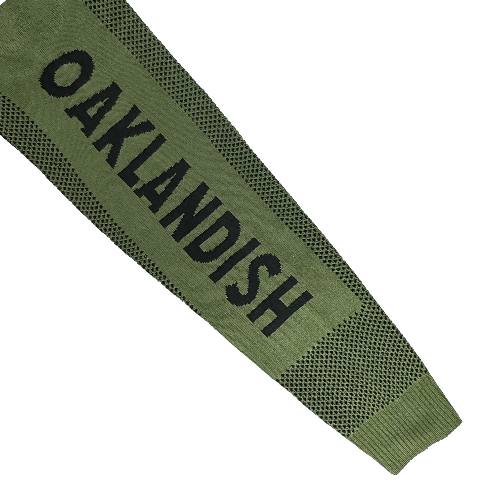 The Oaklandish Terrace Sweater features a long olive-green knit in men's sizing, with black mesh accents and bold vertical “OAKLANDISH” text. This army-inspired design by Oaklandish pops against a white background.