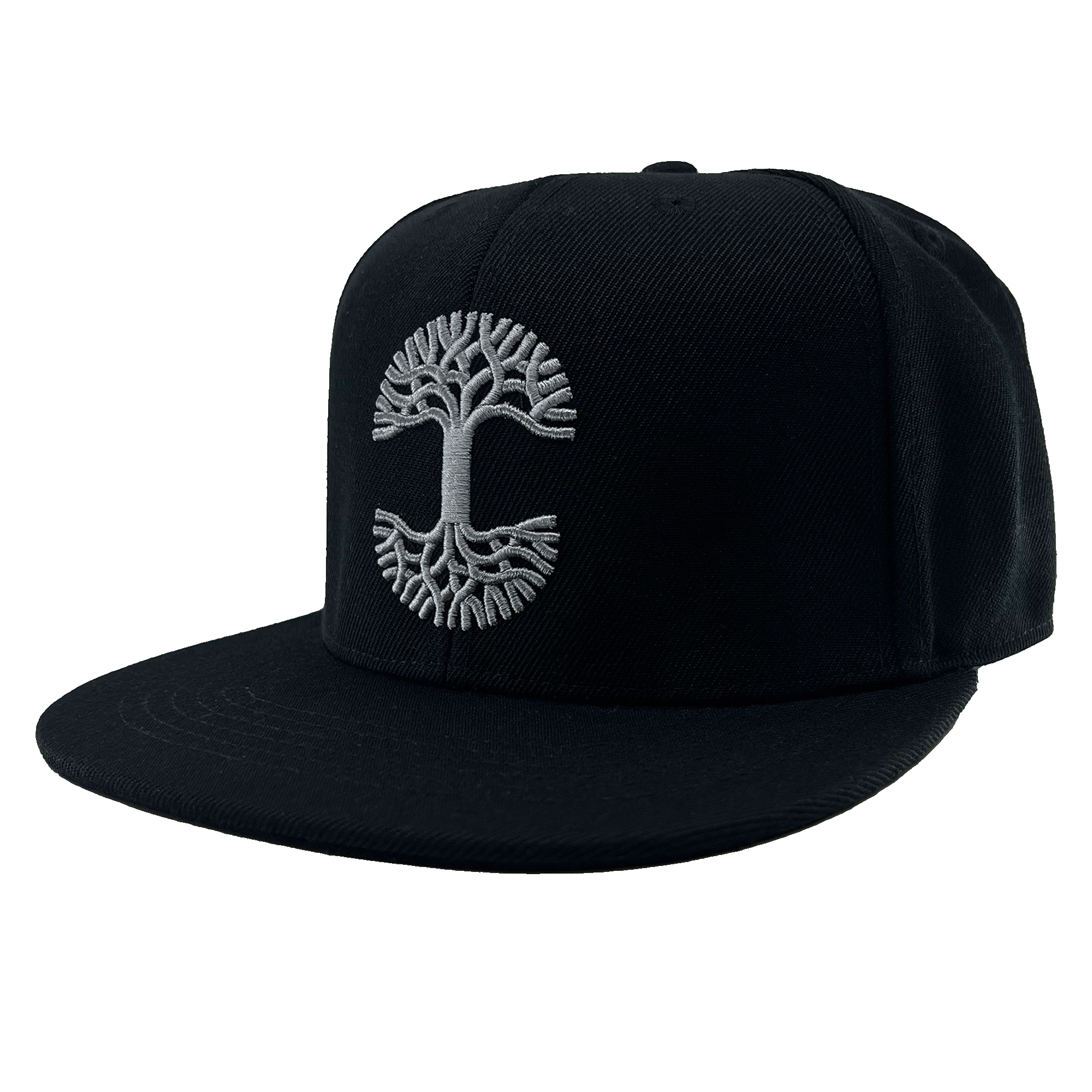 Side view of black snapback hat with grey embroidered Oaklandish tree logo on the crown and flat square bill.