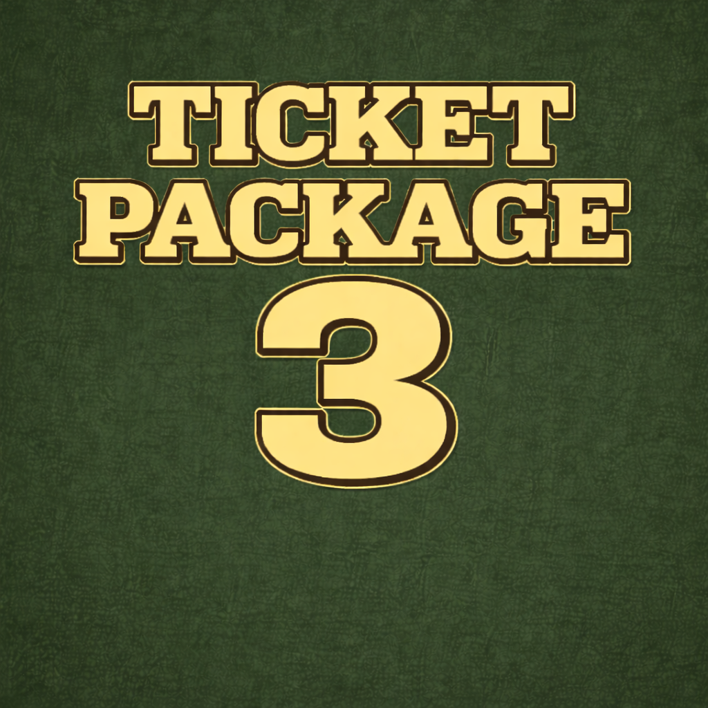 Bold yellow text on a dark green textured background reads "Ticket Package 3" (Oakland68s), featuring a large yellow "3"—ideal for Fans Fest and includes drink tickets or a chance to get the exclusive Fans Fest 2026 Tee.