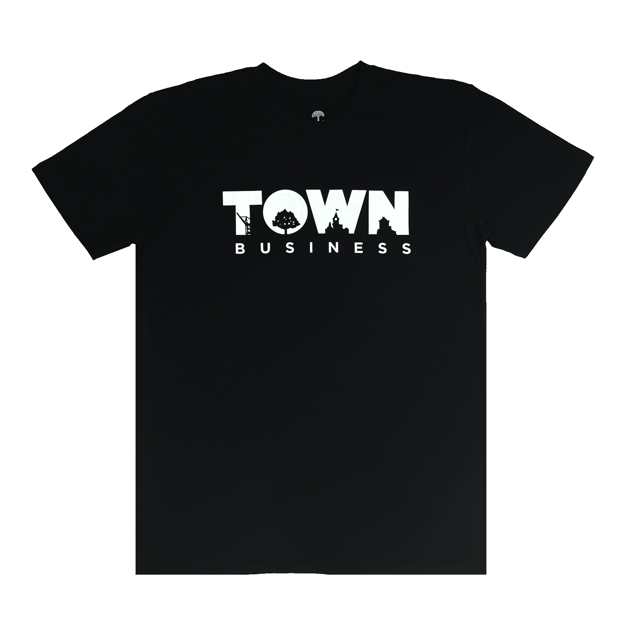 The Town Business 2024 Tee by Oaklandish is a black T-shirt that prominently displays the text "TOWN BUSINESS" in large white uppercase letters. The word "TOWN" is creatively stylized with a city skyline, incorporating a tree and buildings into the letter outlines. It features a simple, clean design that makes a bold statement with an urban East Bay theme.