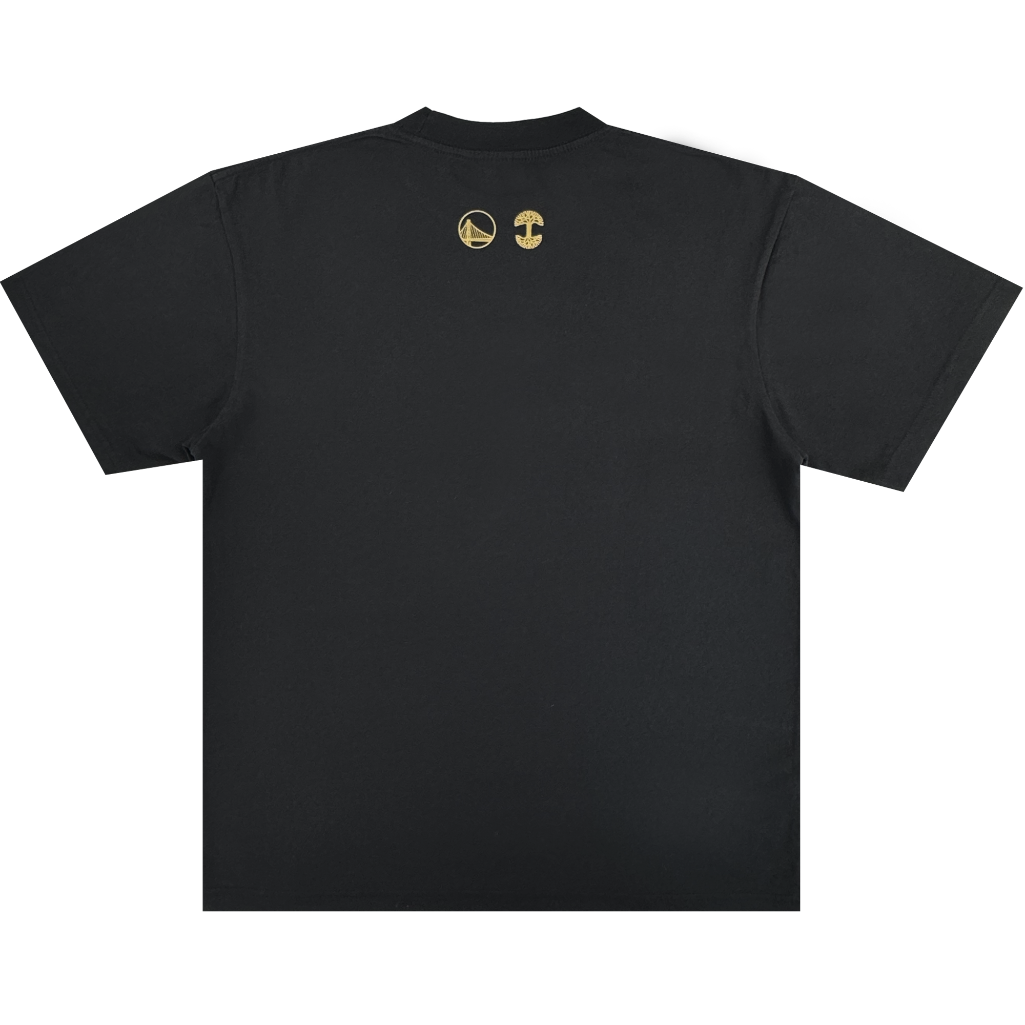 A black Town Doodle Tee by GSW is displayed flat, showing the back with two small gold symbols—a minimalist basketball logo and a stylized mushroom—perfectly centered near the neckline.