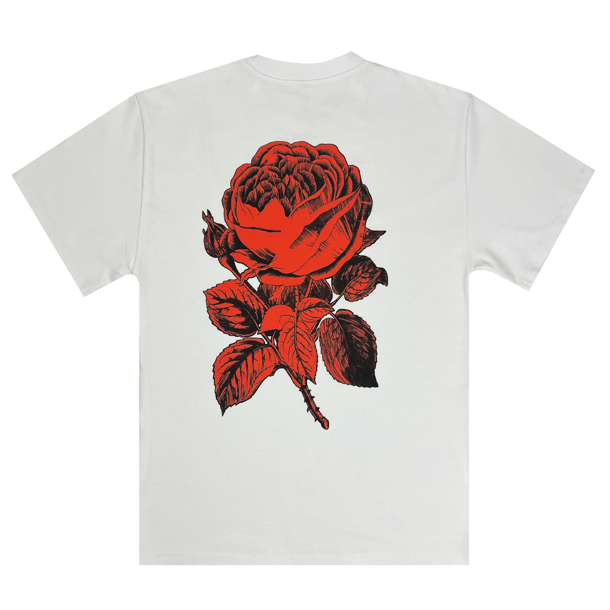 The Town Rose Heavy Tee from Oaklandish features a large, detailed graphic of a red rose with black accents and green leaves on the back. Crafted from heavyweight combed cotton, this white, boxy fit T-shirt showcases the centered rose prominently against the plain background in men's sizing.