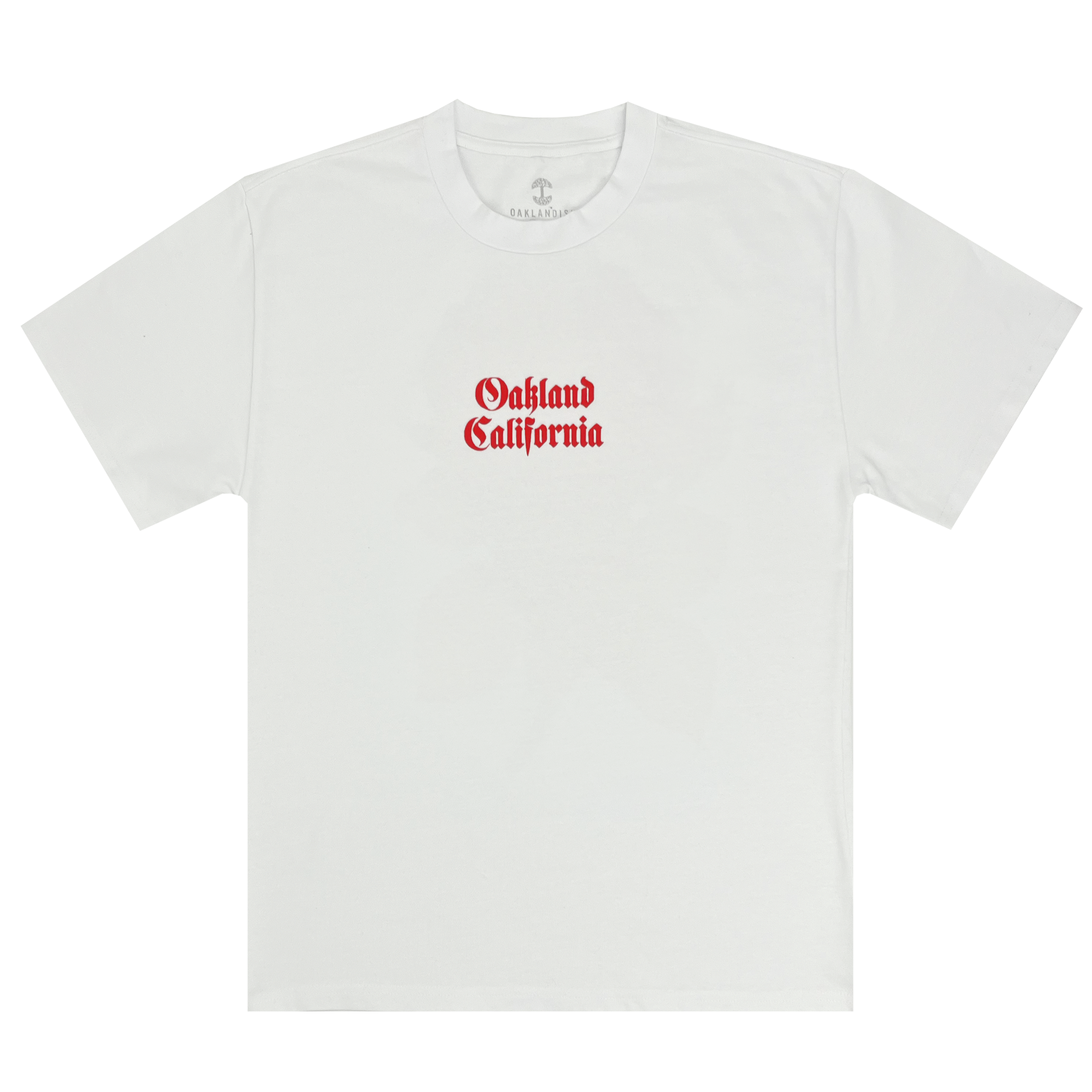 Introducing the Oaklandish Town Rose Heavy Tee: a minimalist plain white T-shirt showcasing the text "Oakland California" in bold red Old English-style font centered on the chest. This boxy fit T-shirt features short sleeves and a round neckline, crafted from heavyweight combed cotton for ultimate durability. Available in men's sizing.