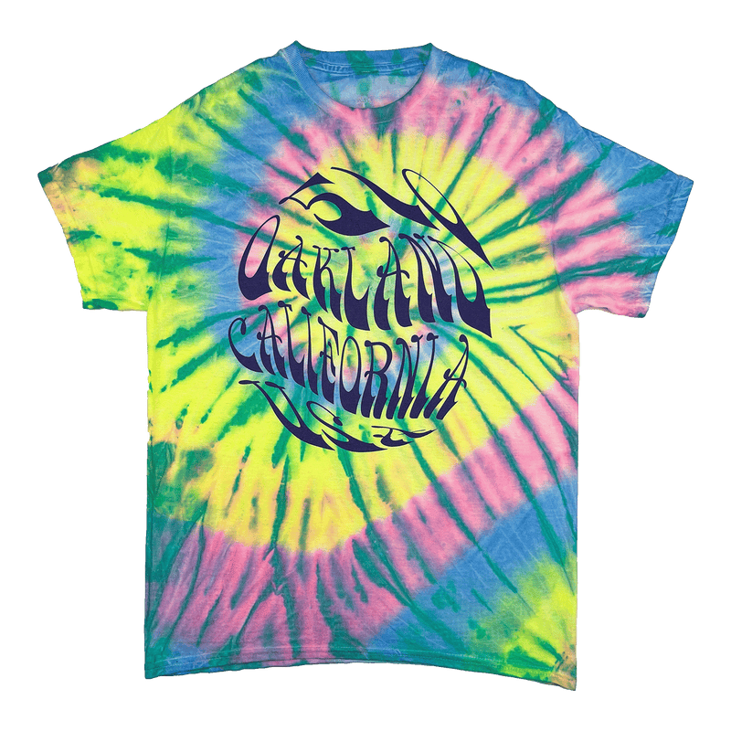 Yellow, Blue and Green Tie Dyed T-Shirt with 510 Oakland California Swirl Logo.