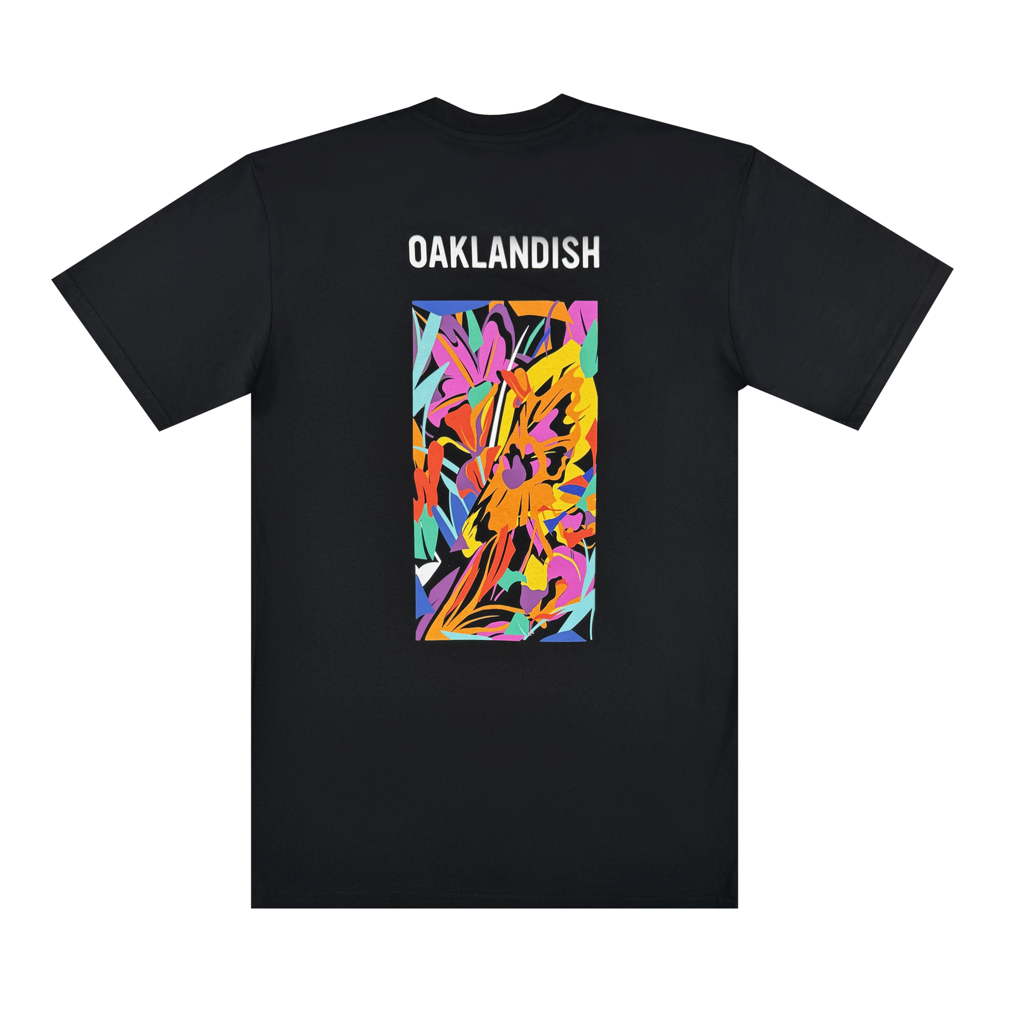 The Urban Tropics Tee by Oaklandish is a black t-shirt with "OAKLANDISH" in white near the top and Oakland artist Kalani Ware’s colorful, abstract rectangle design—featuring yellow, orange, pink, purple, blue, and green—on the back.