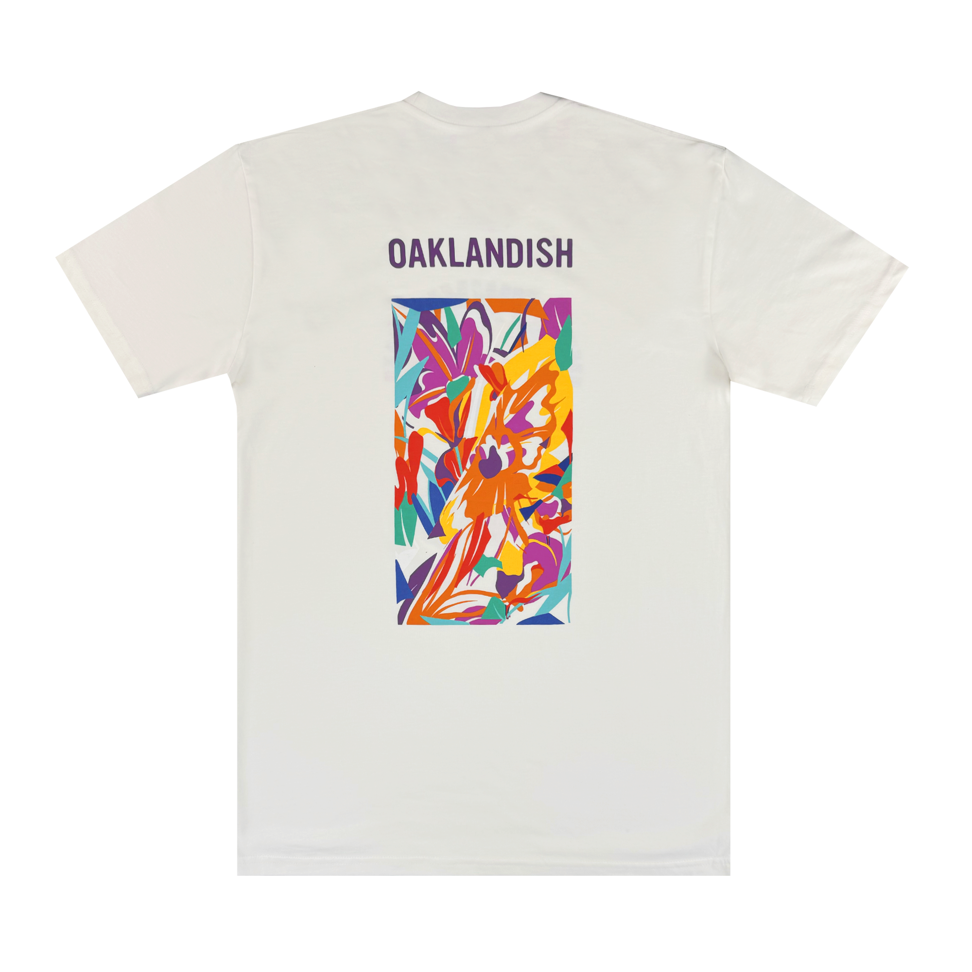 The Urban Tropics Tee by Oaklandish features bold purple "OAKLANDISH" text on the upper back and a vibrant floral design by Oakland artist Kalani Ware in a central rectangular panel.