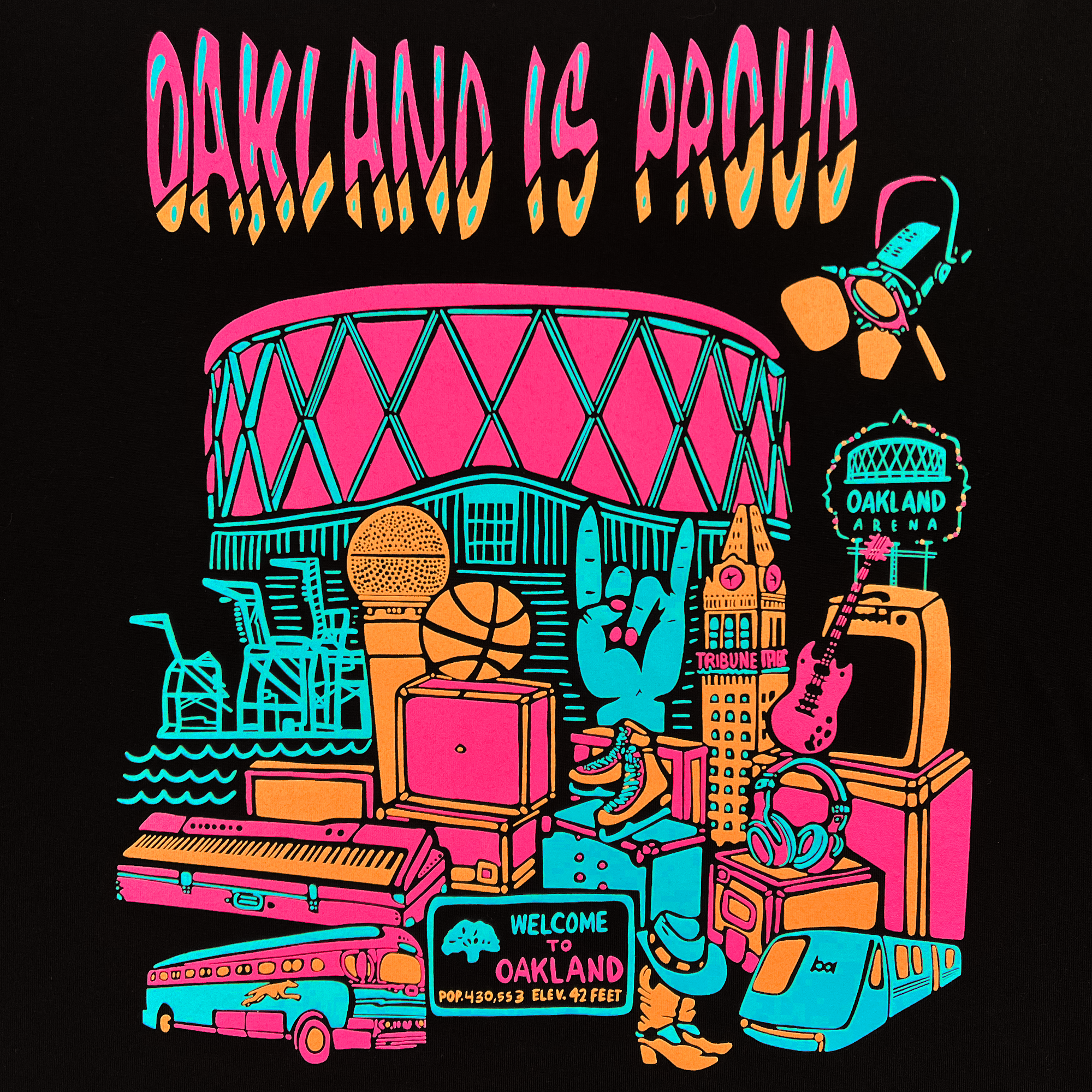 The Tune Town Tee by Oaklandish showcases a colorful illustration featuring Oakland landmarks and icons on a black background. The text "OAKLAND IS PROUD" appears at the top in vibrant colors. The image includes drawings of Oakland Arena, Tribune Tower, a suitcase, speakers, palm trees, and the "Welcome to Oakland" sign, celebrating the vibrant Oakland community.