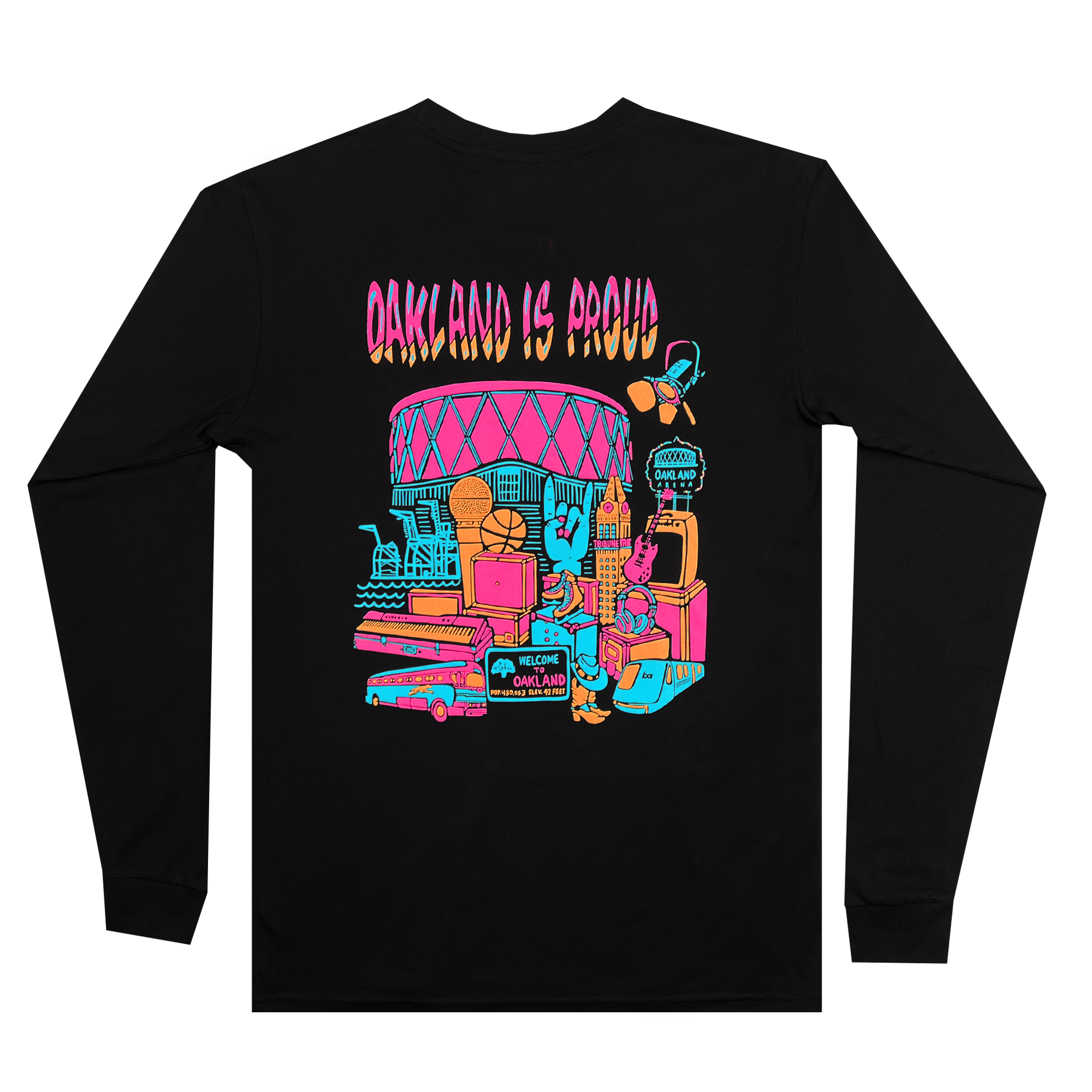 The black long-sleeve Tune Town LS Tee from Oaklandish features a colorful neon graphic. The design includes cartoonish characters, buildings, and street signs in vibrant pink, blue, and yellow hues. Text at the top reads "OAKLAND IS PROUD." This playful scene captures different aspects of Oakland's vibrant community with an authentic Oaklandish flair.