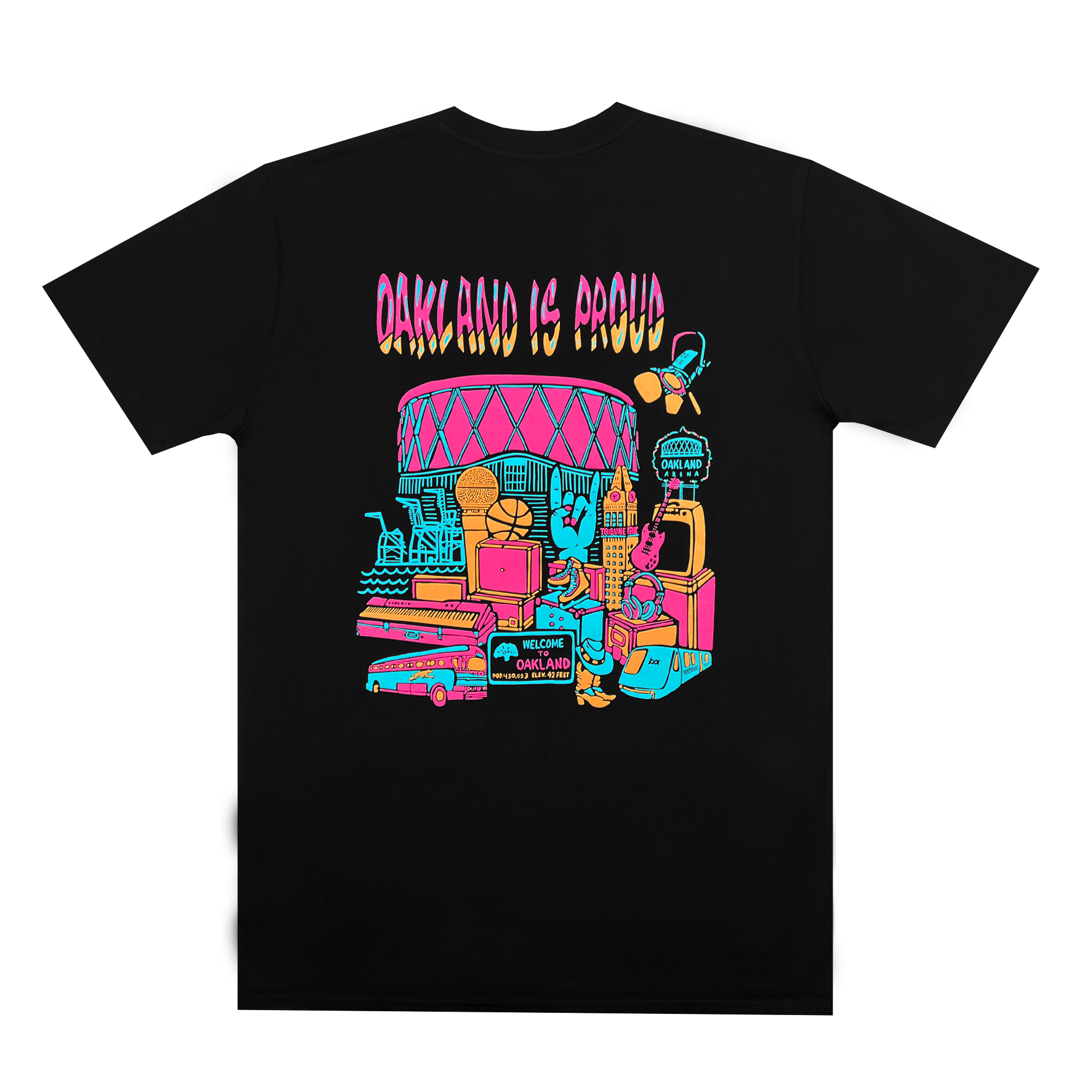 The Tune Town Tee by Oaklandish is a black T-shirt featuring a colorful graphic with the text "Oakland is Proud." The design celebrates the vibrant Oakland community with illustrations of a stadium, basketball, cars, buildings, and characters in pink, blue, and yellow hues—highlighting the city's culture and landmarks.