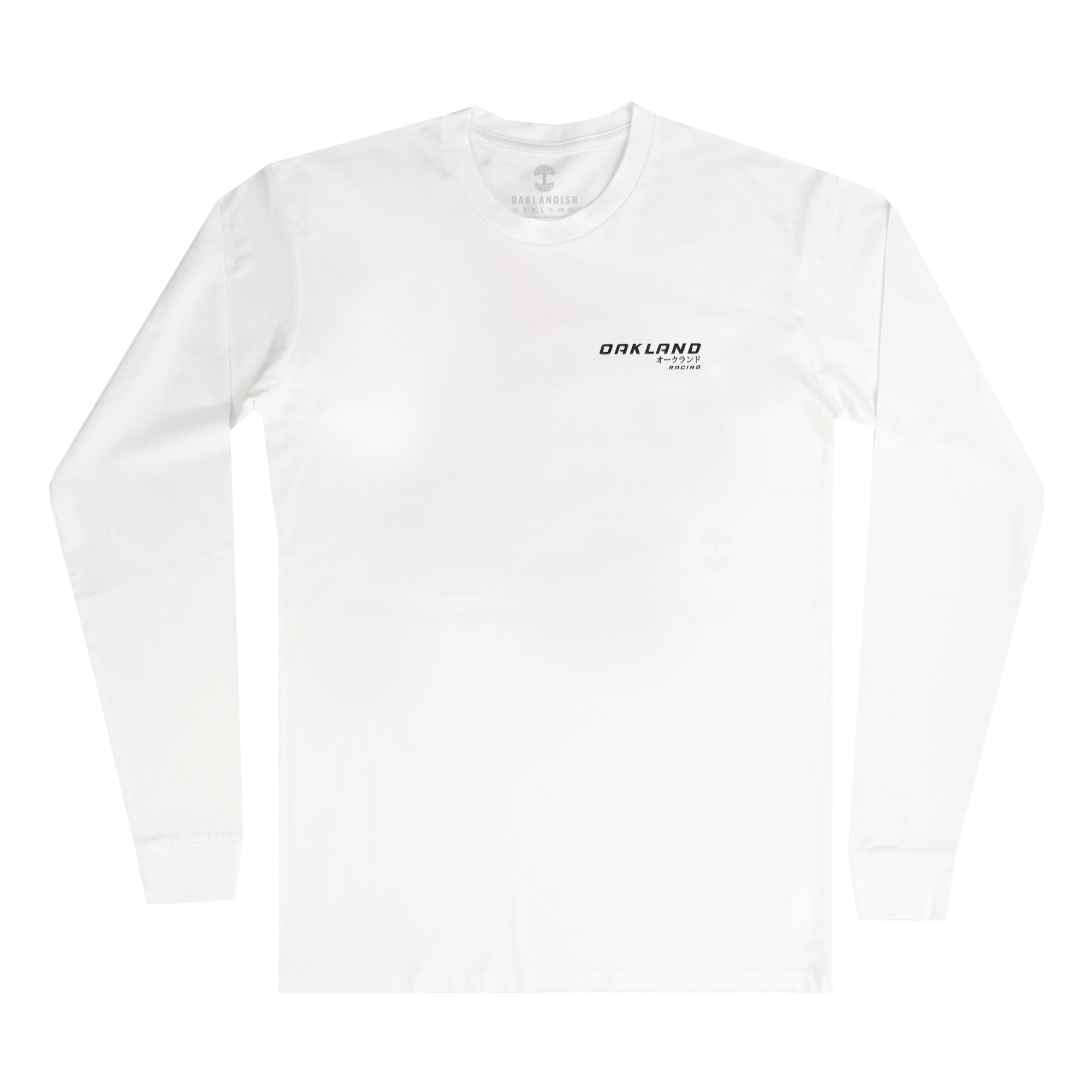 The Tuner LS Tee by Oaklandish is a classic fit, 100% cotton white long-sleeve with a minimalist design: small black text on the left chest reading "OAKLAND" and "California" beneath, set against a plain white background.
