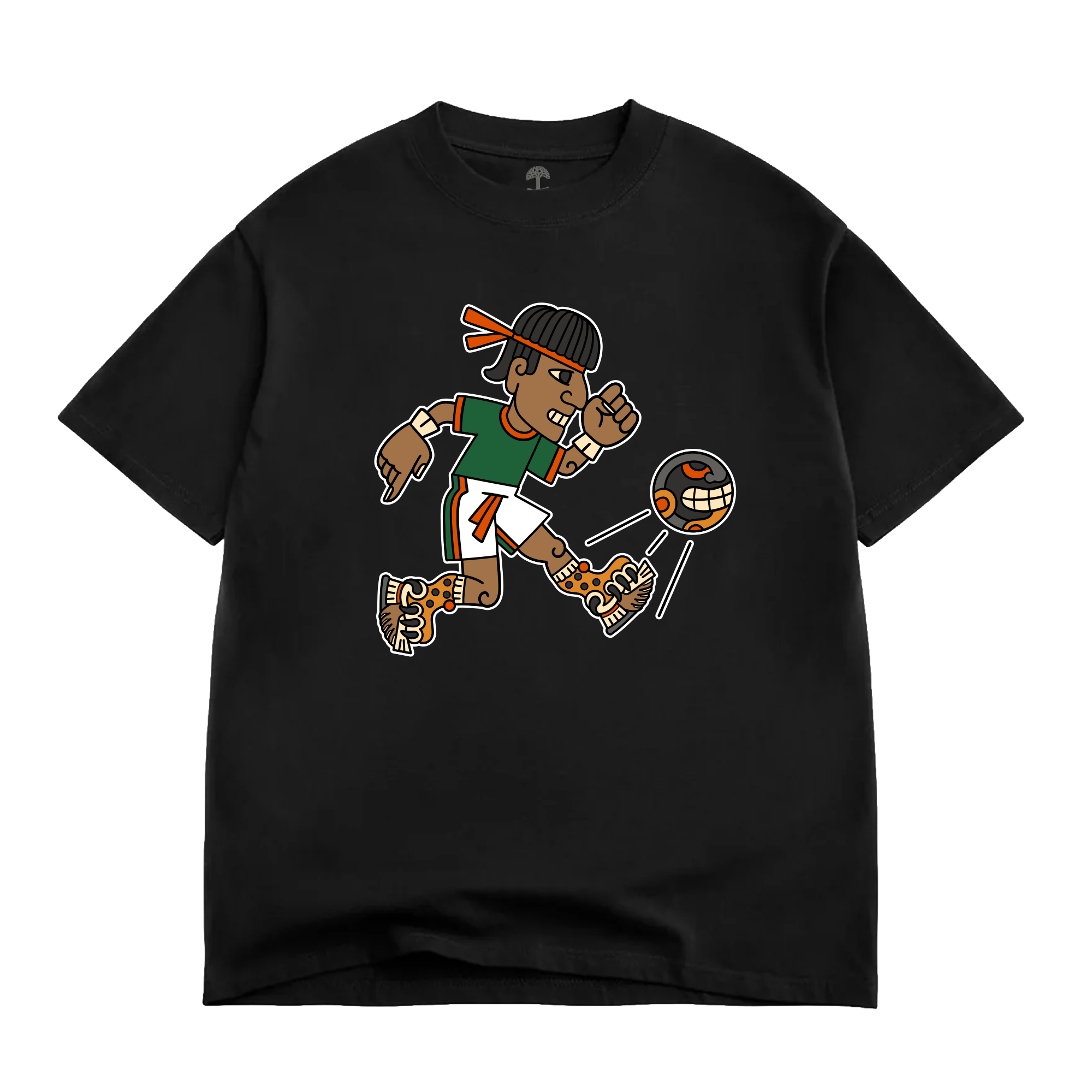 The Ulama Tee by Oaklandish is a men’s heavyweight cotton t-shirt featuring a cartoon football player in green, orange, and white sprinting alongside a grinning football in a helmet.