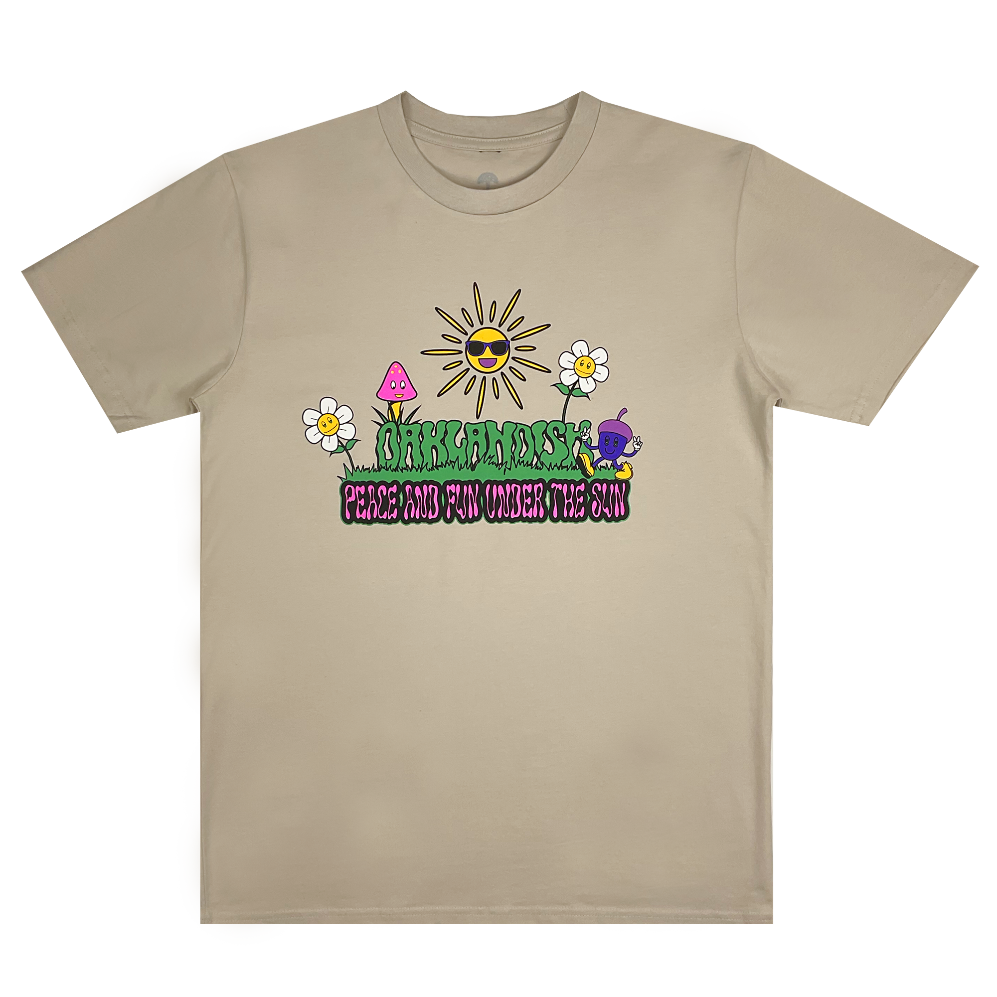 Front view of bone cotton tee with Under the Sun design.