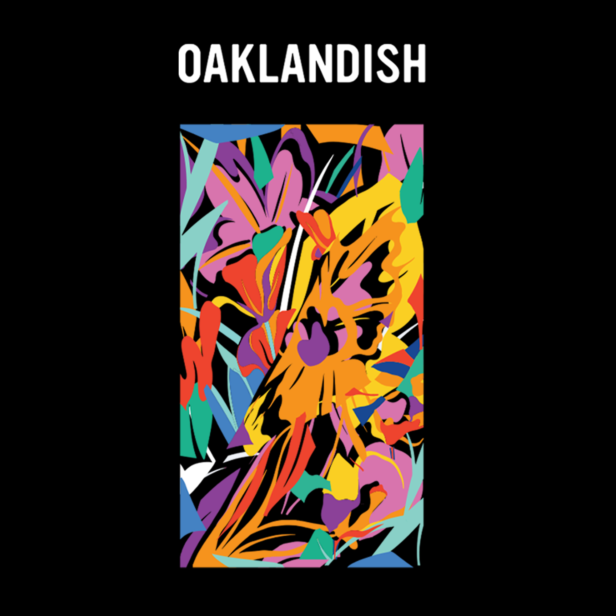 The Oaklandish Women's Urban Tropics Tee features Kalani Ware’s colorful, abstract art with bold brushstrokes in yellow, orange, purple, pink, teal, and black on a dark background and "OAKLANDISH" above the design in white uppercase text.