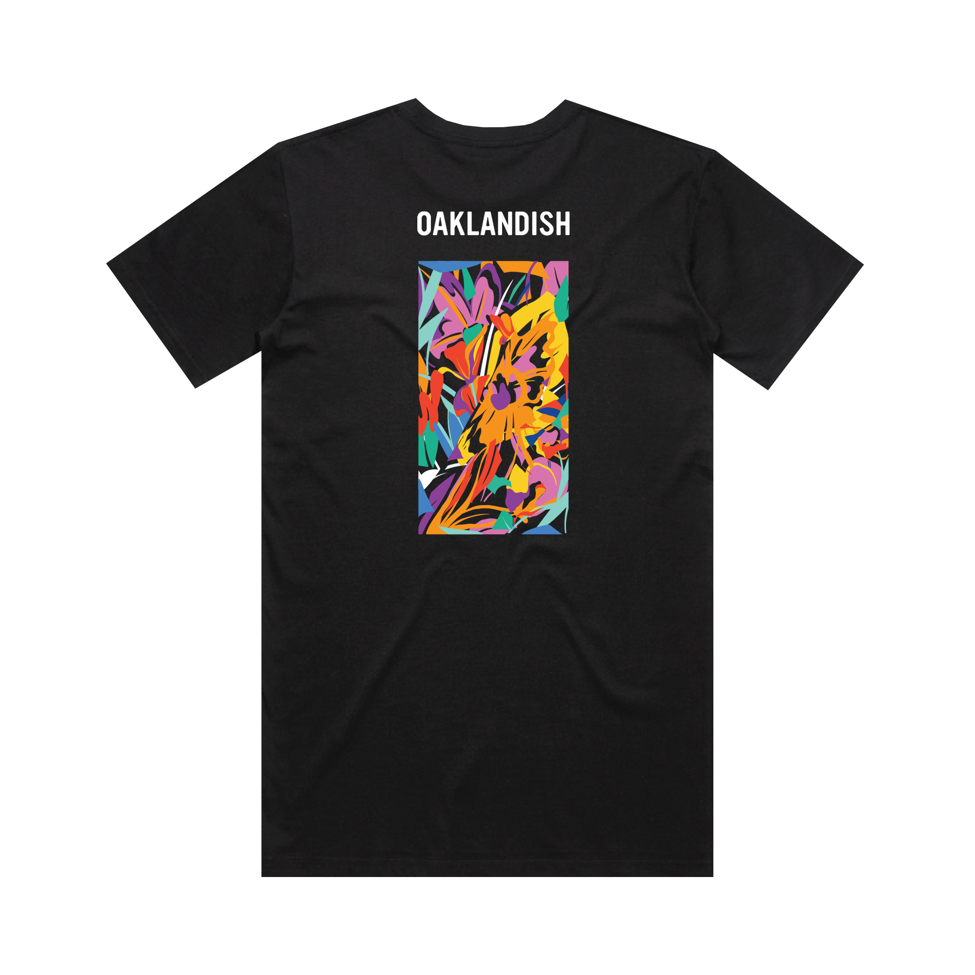 The Urban Tropics Tee by Oaklandish is a black t-shirt with "OAKLANDISH" in white on the upper back and a vibrant rectangular graphic by Kalani Ware below, featuring bold yellow, orange, purple, and blue brushstrokes.