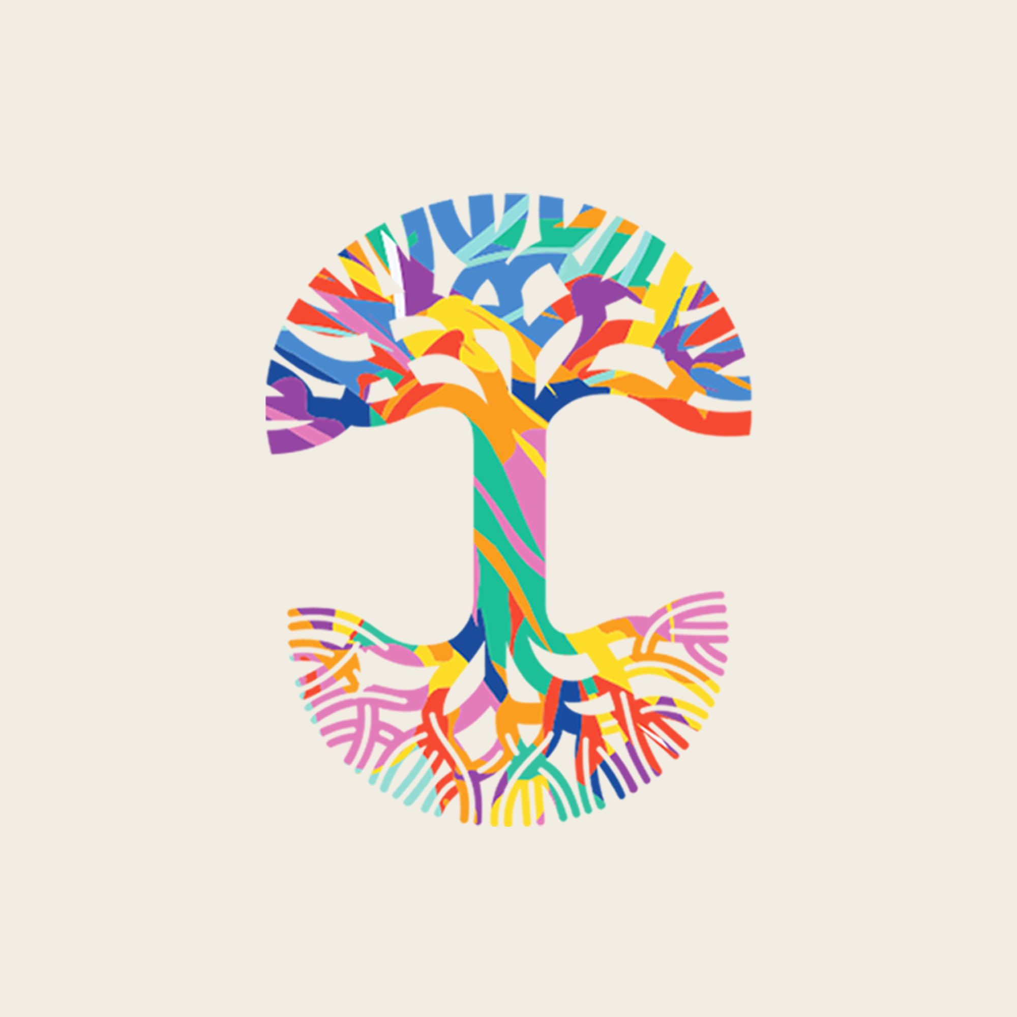 The Oaklandish Urban Tropics Tee showcases a stylized tree with rainbow-hued branches and roots, mirrored in vibrant blue, orange, yellow, and pink on a light beige background—a nod to Kalani Ware’s creative multicultural style.