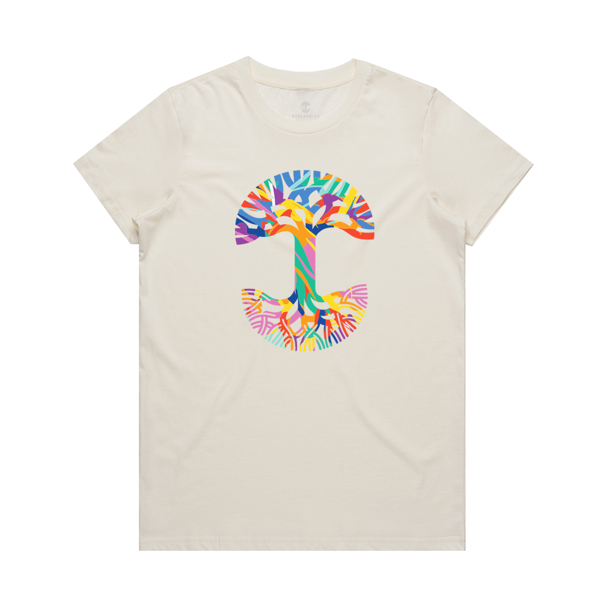 The Women's Urban Tropics Tee by Oaklandish is a cream-colored shirt with a bold abstract "T" on the chest, showcasing Kalani Ware’s vibrant multicultural design in blue, orange, yellow, green, pink, and purple hues.