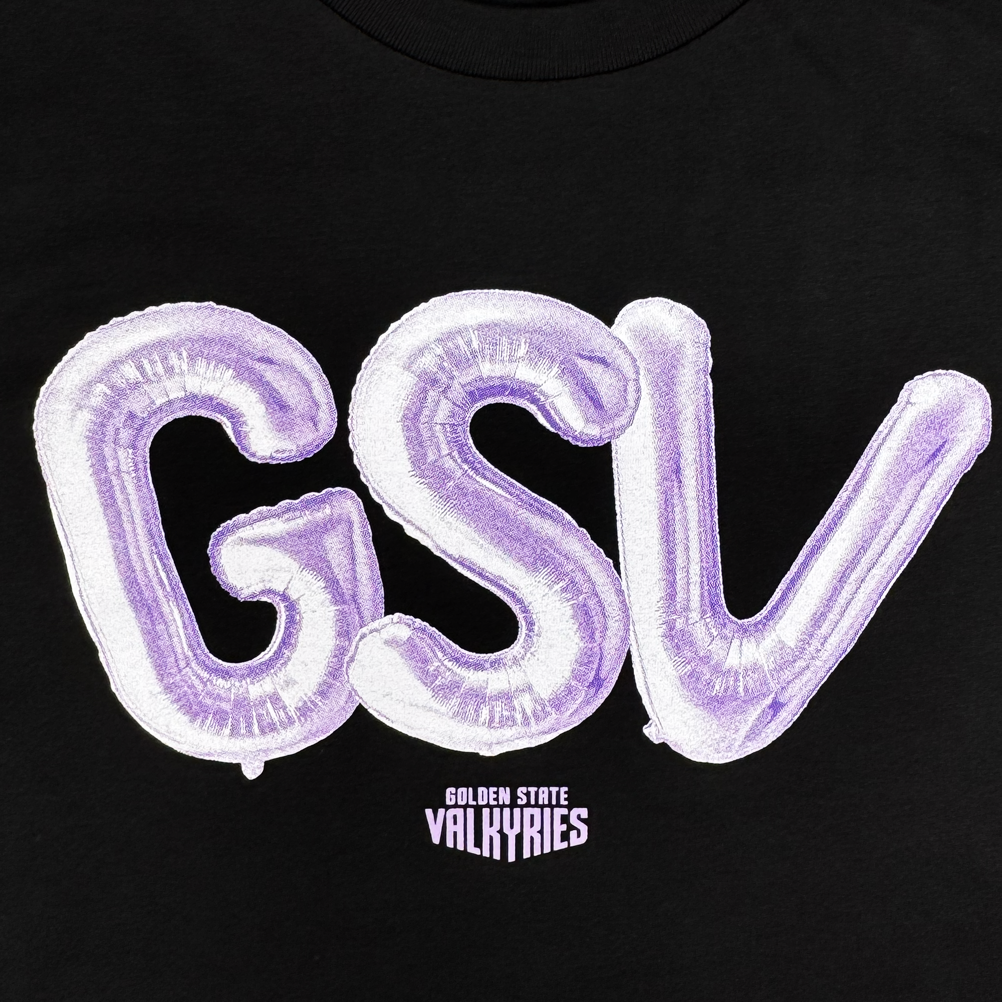 The GSV Golden State Valkyries Balloons Crew sweatshirt features large, shiny purple balloon-style "GSV" letters on a black background above “GOLDEN STATE VALKYRIES” in white text—a playful, officially licensed design.
