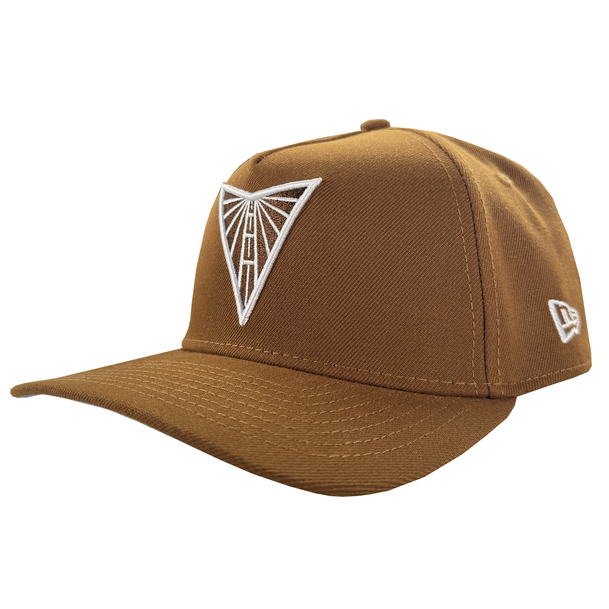 The GSV Logo 9FORTY AF Snapback by GSV is a brown adjustable baseball cap featuring a white geometric triangle design embroidered on the front, a white New Era logo on the side, and a curved brim, shown against a plain white background.