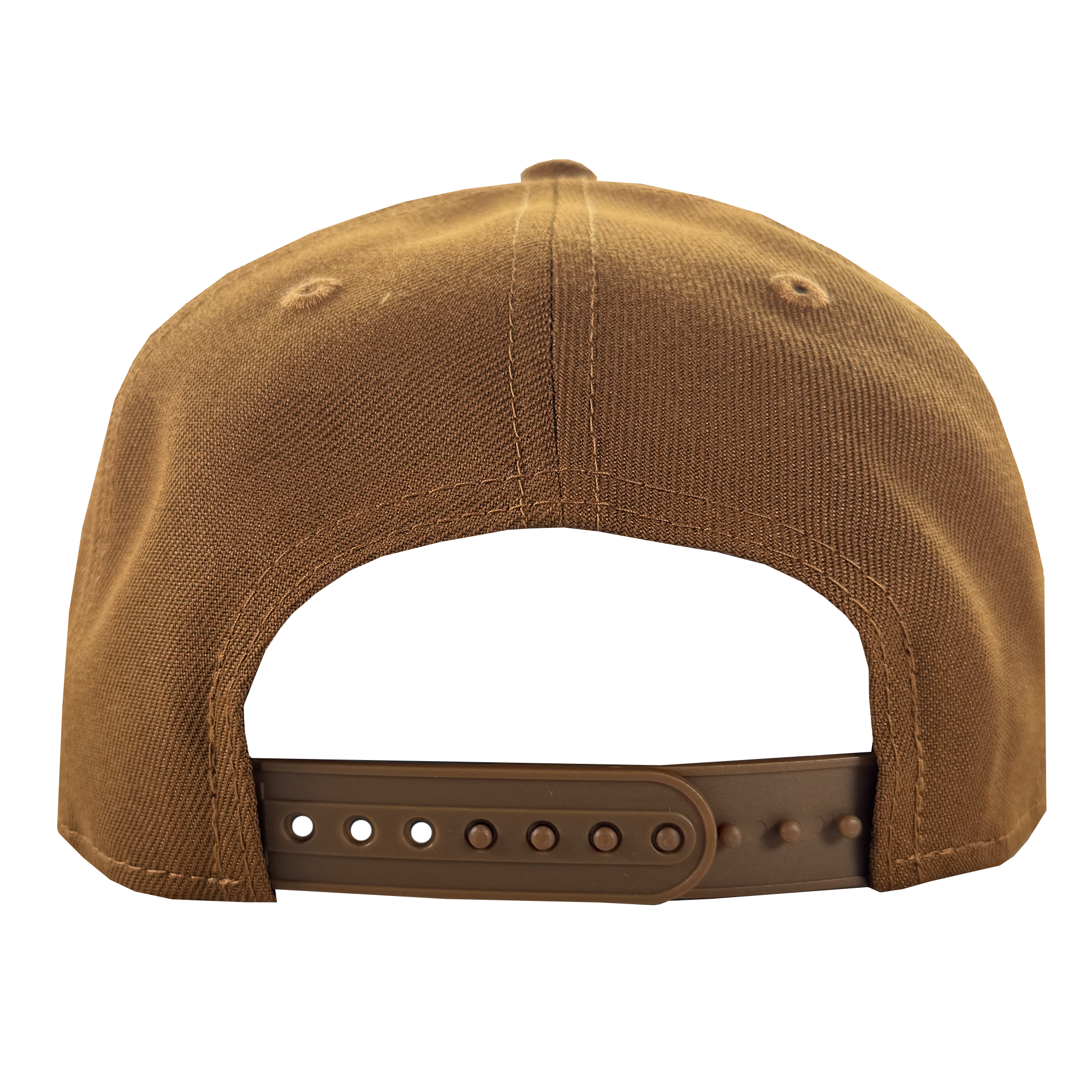 The GSV Logo 9FORTY AF Snapback by GSV is a brown baseball cap, shown from the back, featuring an adjustable New Era snapback strap with multiple holes, visible stitching, and two ventilation eyelets on each side against a white background.