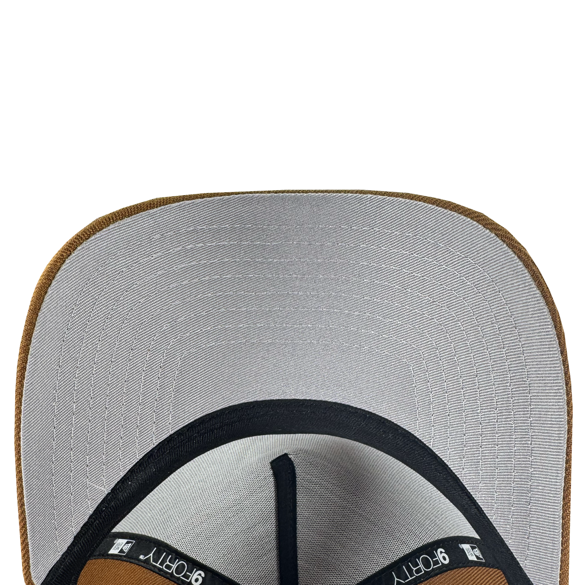 Close-up, top-down view of a brown and gray GSV Logo 9FORTY AF Snapback by GSV. The gray fabric lines the inside brim, with “9FORTY” branding in the crown, similar to other Golden State Valkyries caps.