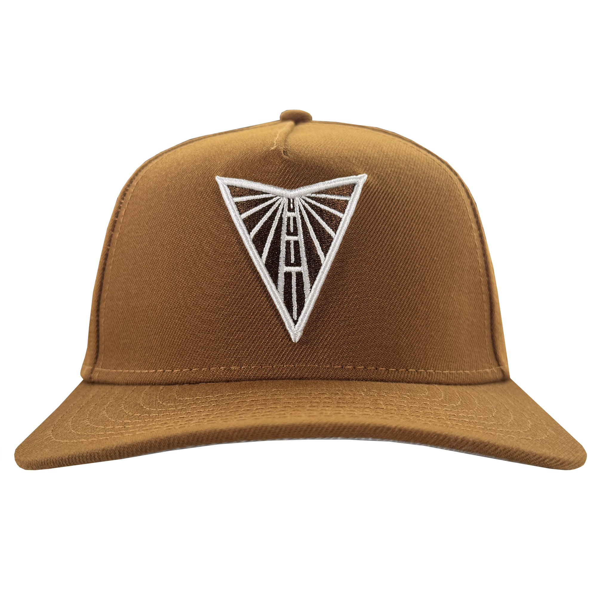 The GSV Logo 9FORTY AF Snapback by GSV is a brown adjustable cap with a white embroidered geometric road design inside an upside-down triangle on the front panel, displayed against a plain white background.