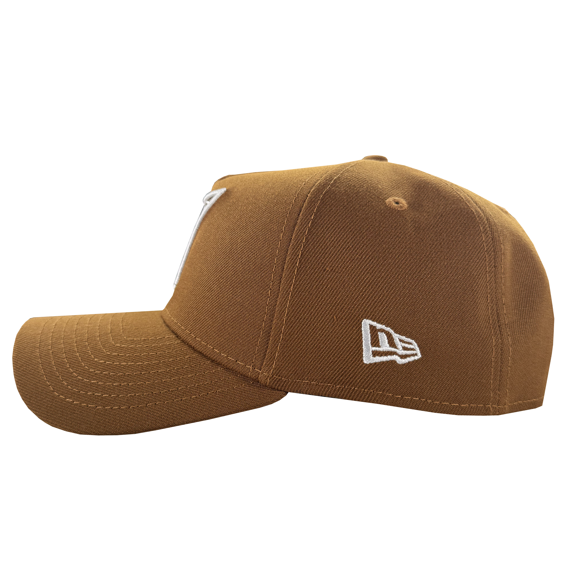A brown GSV Logo 9FORTY AF Snapback by GSV is shown from the side, with a white embroidered GSV logo on the left panel. The adjustable cap has visible stitching on its curved brim and panels, set against a plain white background.