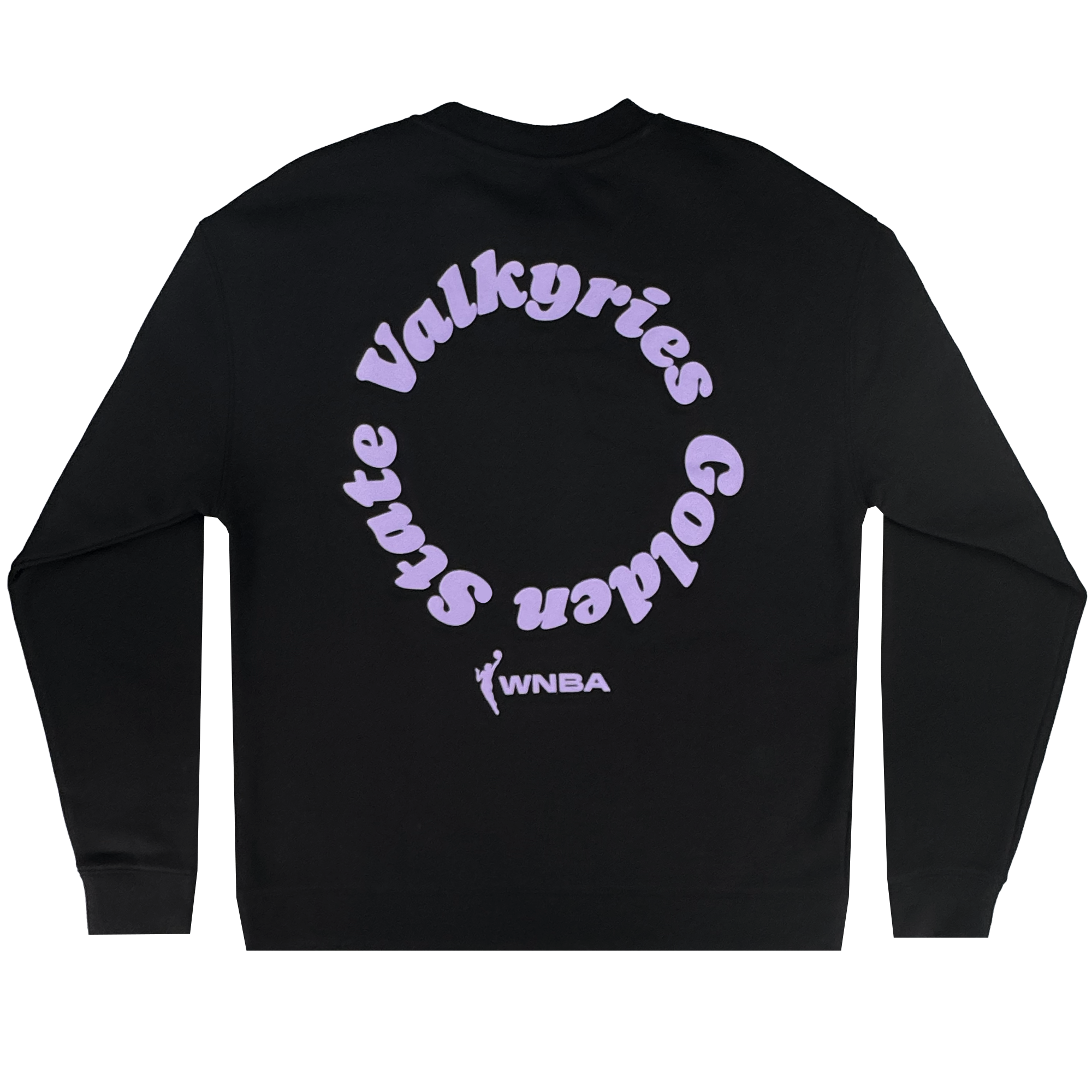 The GSV Golden State Valkyries Circle Lock Up Crew is a premium black heavyweight fleece sweatshirt with lavender "Golden State Valkyries" text and WNBA logo on the back, shown flat on a white background.