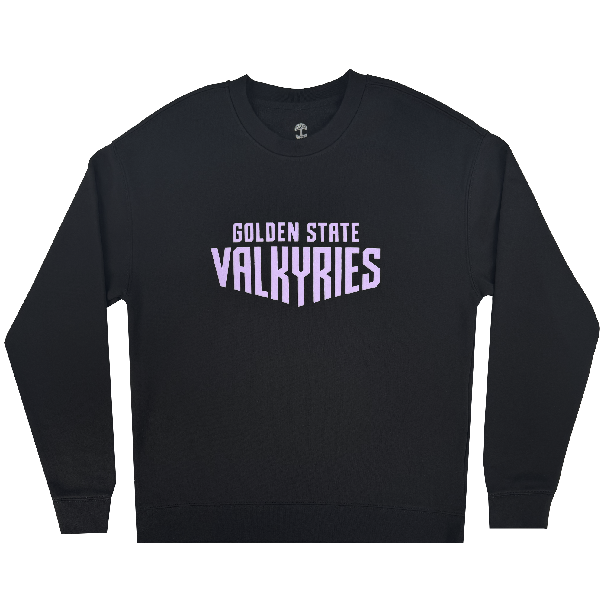 The GSV Golden State Valkyries Circle Lock Up Crew is a premium heavyweight fleece in light gray, featuring "GOLDEN STATE VALKYRIES" in bold light purple letters centered across the chest.