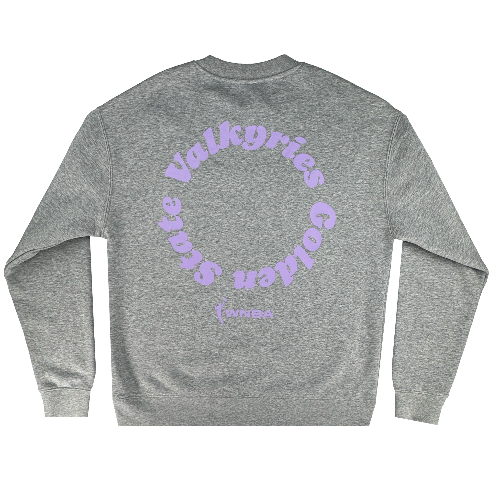 The GSV Golden State Valkyries Circle Lock Up Crew is a premium heather gray heavyweight fleece sweatshirt, featuring bold lavender circular "Golden State Valkyries" text and a small WNBA logo on the back.