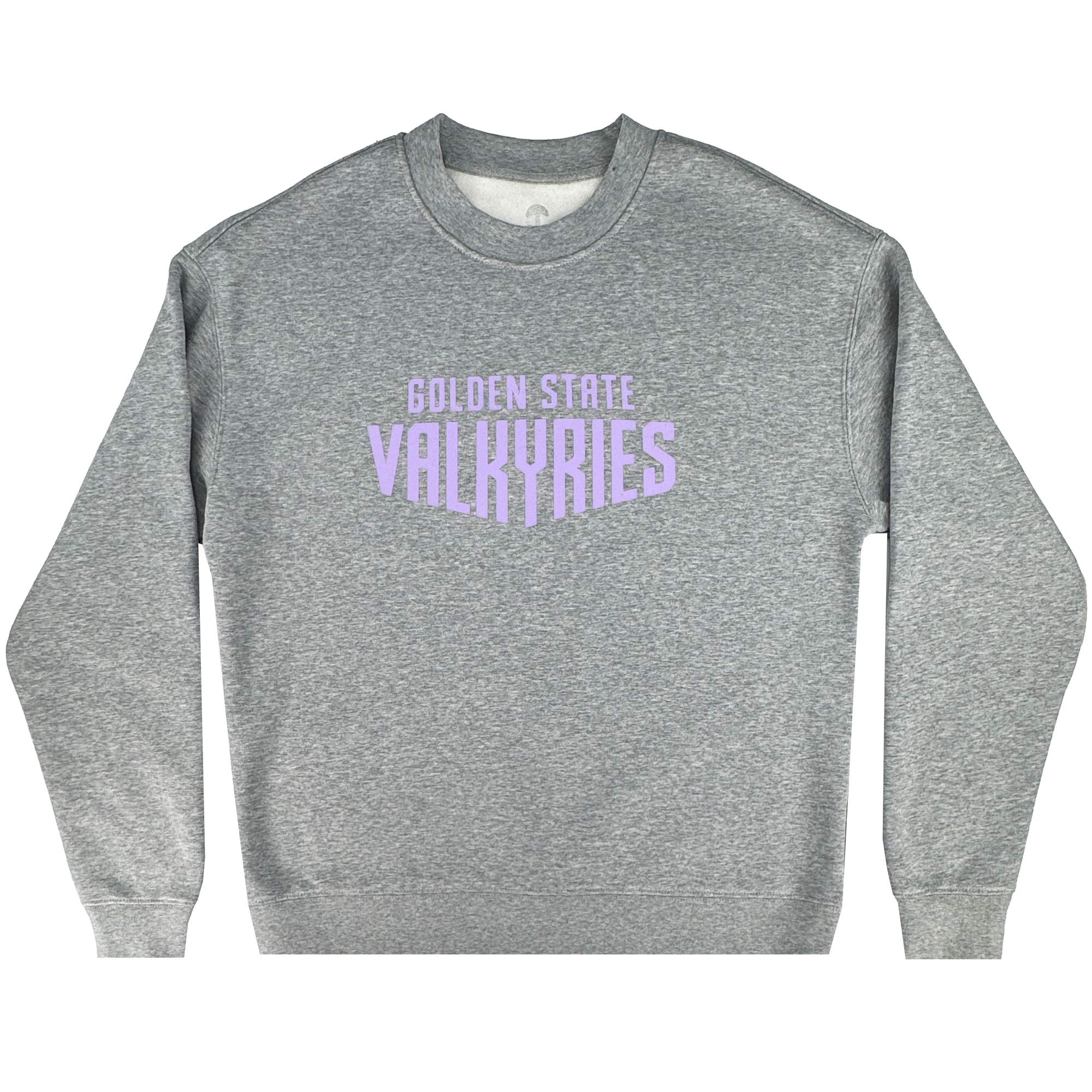 The GSV Golden State Valkyries Circle Lock Up Crew is a heather gray heavyweight fleece crewneck with bold, light purple “GOLDEN STATE VALKYRIES” text in modern, blocky font centered on the chest and shown flat on a white background.
