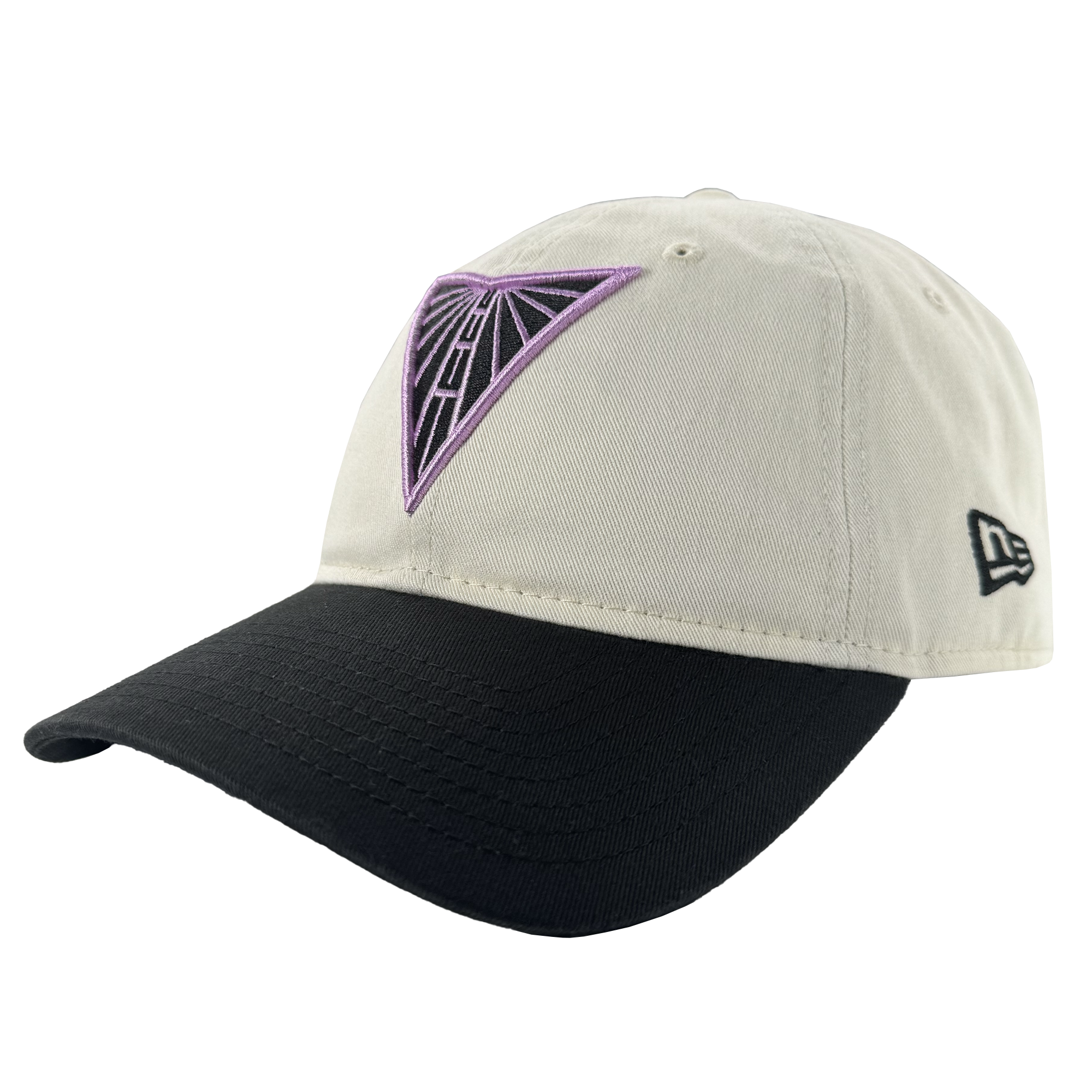 The GSV Logo 2 9TWENTY Hat by GSV features a beige crown, black curved brim, adjustable strap back, and a purple and black geometric triangle inspired by the Golden State Valkyries. A small black New Era logo accents the left side.