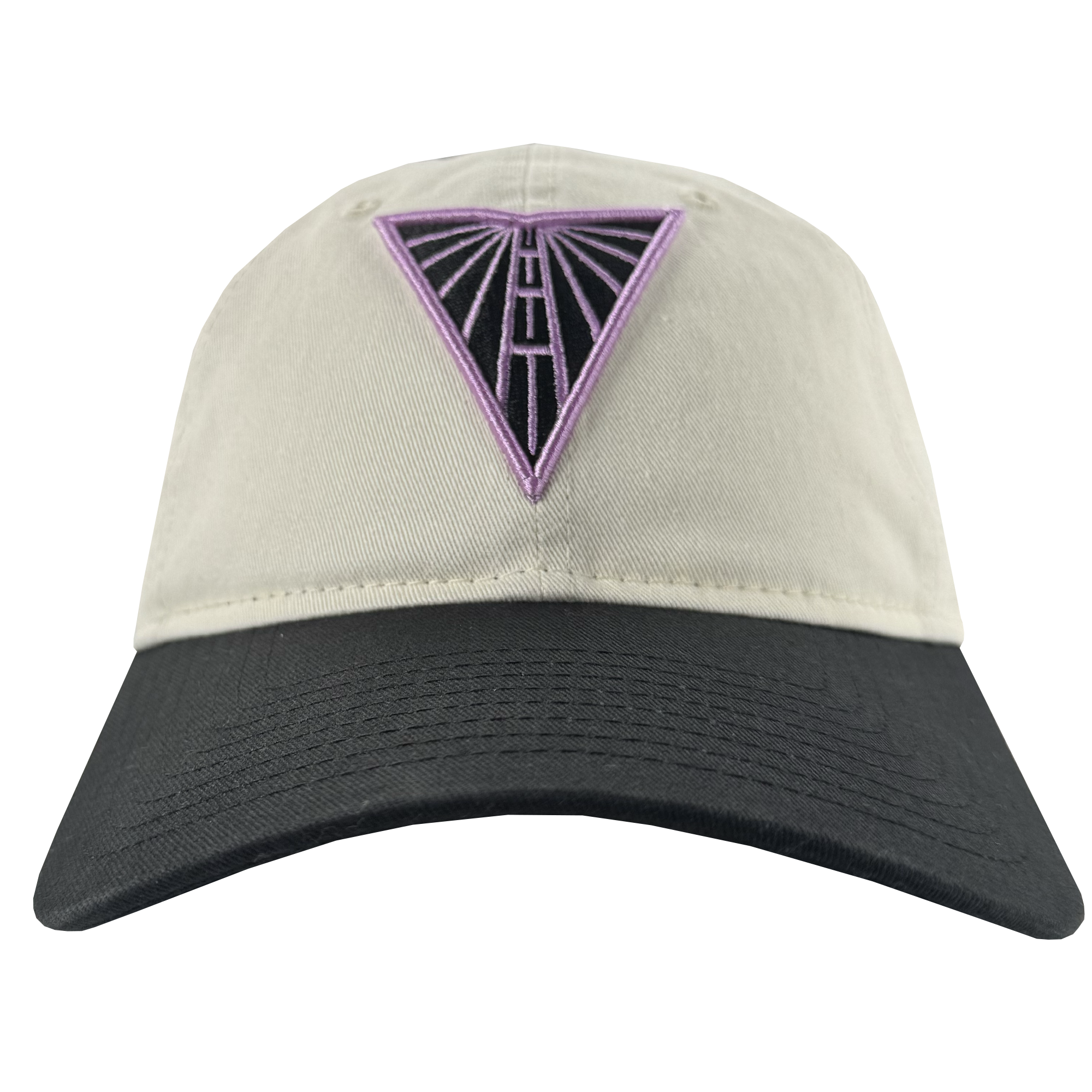The GSV Logo 2 9TWENTY Hat by GSV is a beige dad cap with a black brim, featuring a purple and black embroidered triangle road design on the front. It has an adjustable strap back for comfort. Photographed on a plain white background.