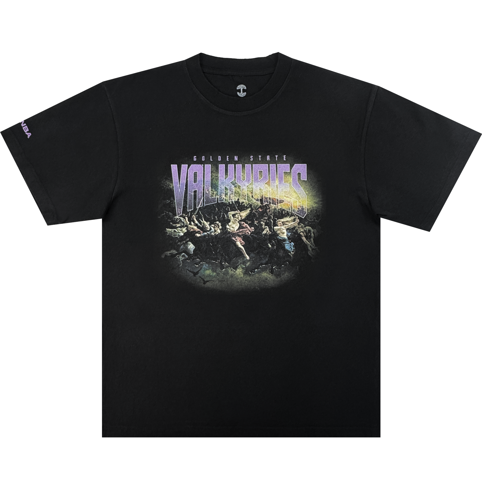 The GSV Odin Tee is a black heavy 100% cotton t-shirt with "Golden State Valkyries" in bold purple and white gradient lettering above a dramatic Valkyries-on-horseback graphic, all centered with a vivid yellowish glow.