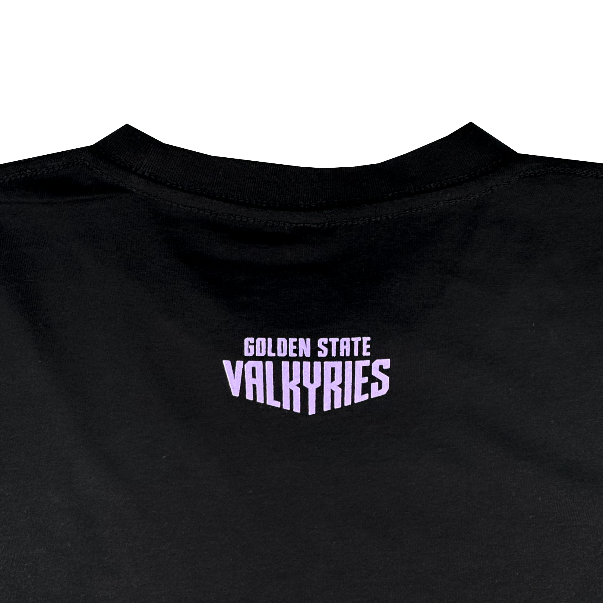 The image features the back of the GSV Golden State Valkyries Rec League Tee, an organic cotton shirt in black. Centered below the neckline, "GOLDEN STATE VALKYRIES" appears in bold pale purple blocky uppercase letters.