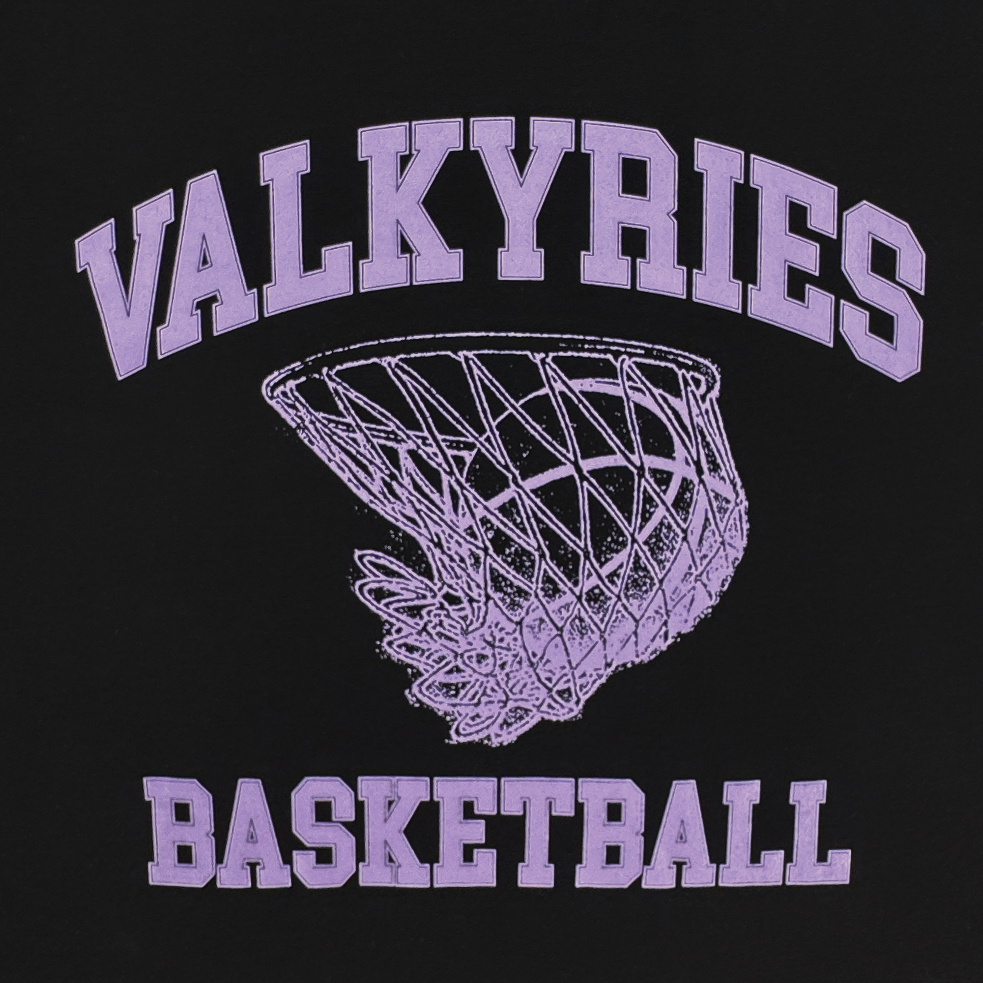 The image on the GSV Golden State Valkyries Rec League Tee features "VALKYRIES" in bold purple above a stylized net, with "BASKETBALL" in white below—showcasing Golden State Valkyries pride.