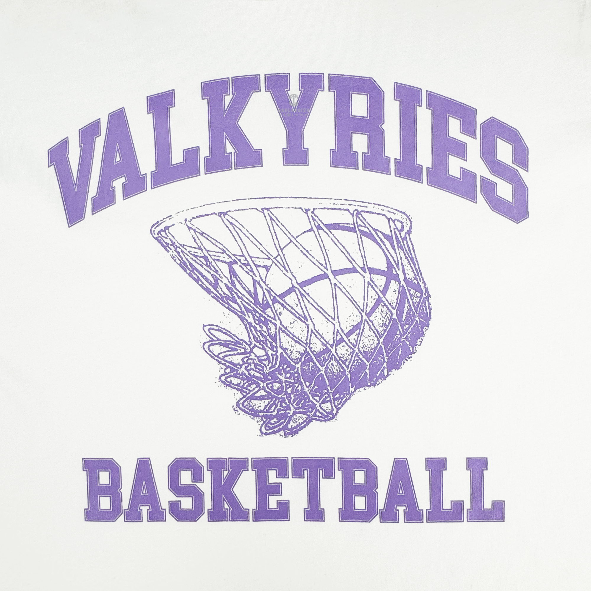 A graphic for the GSV Golden State Valkyries Rec League Tee: "VALKYRIES" arcs above and "BASKETBALL" sits below in bold purple, framing a line art net, all on soft organic cotton.