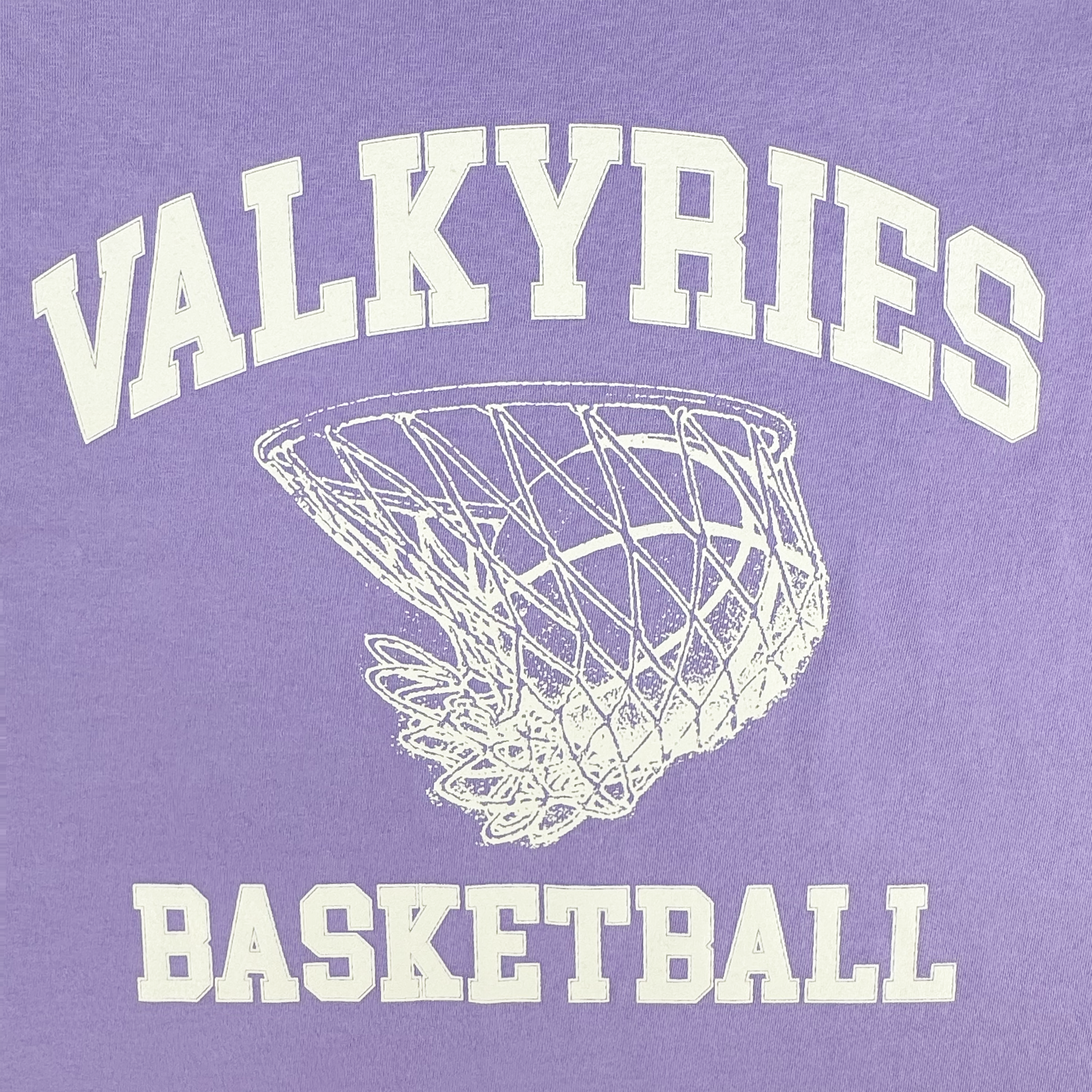 White text on purple says "VALKYRIES" above and "BASKETBALL" below a white basketball net graphic—an ideal GSV Golden State Valkyries Rec League Premium Tee for fans seeking team spirit and premium style.