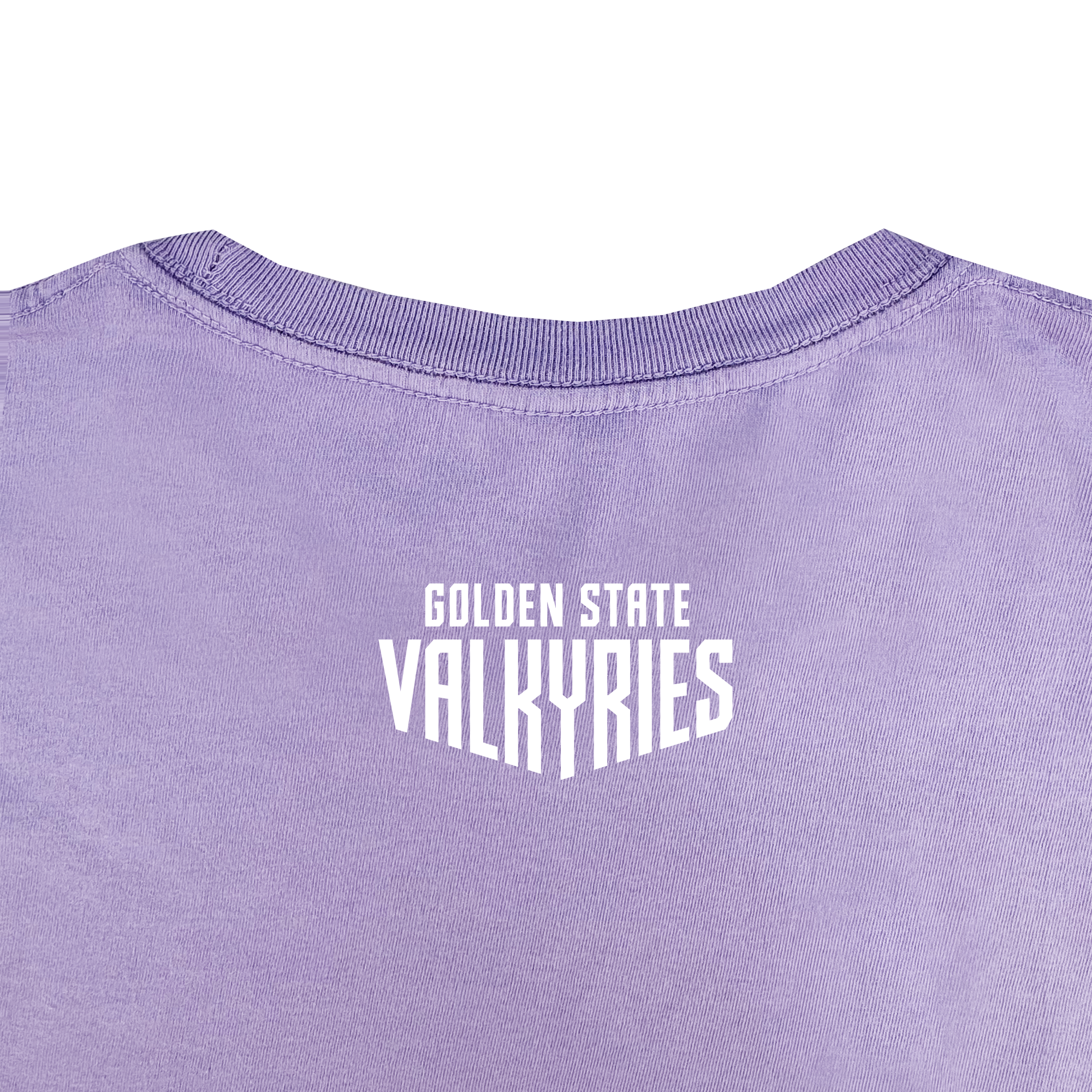 A close-up of the back of the GSV Golden State Valkyries Rec League Premium Tee in lavender organic cotton, featuring bold white "GOLDEN STATE VALKYRIES" text near the neckline, visible fabric texture, and a ribbed collar.