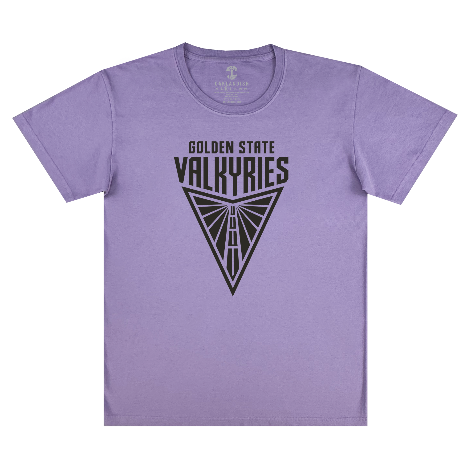 The GSV Golden State Valkyries Primary Premium Tee is a lavender, 100% cotton classic fit t-shirt featuring a black triangular emblem and "GOLDEN STATE VALKYRIES" above a stylized winged design inspired by the basketball team.