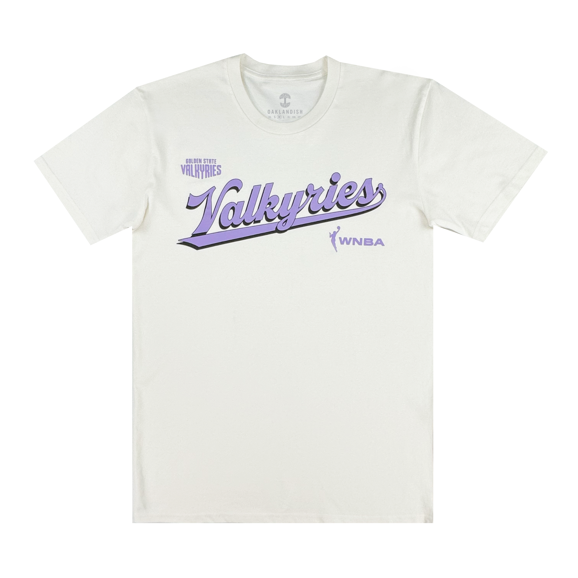 A white GSV organic cotton tee features "Golden State Valkyries" in large purple script across the chest, a small player silhouette and "WNBA" logo on the right, with "Golden State Valkyries Retro Script Tee" above in smaller purple text.