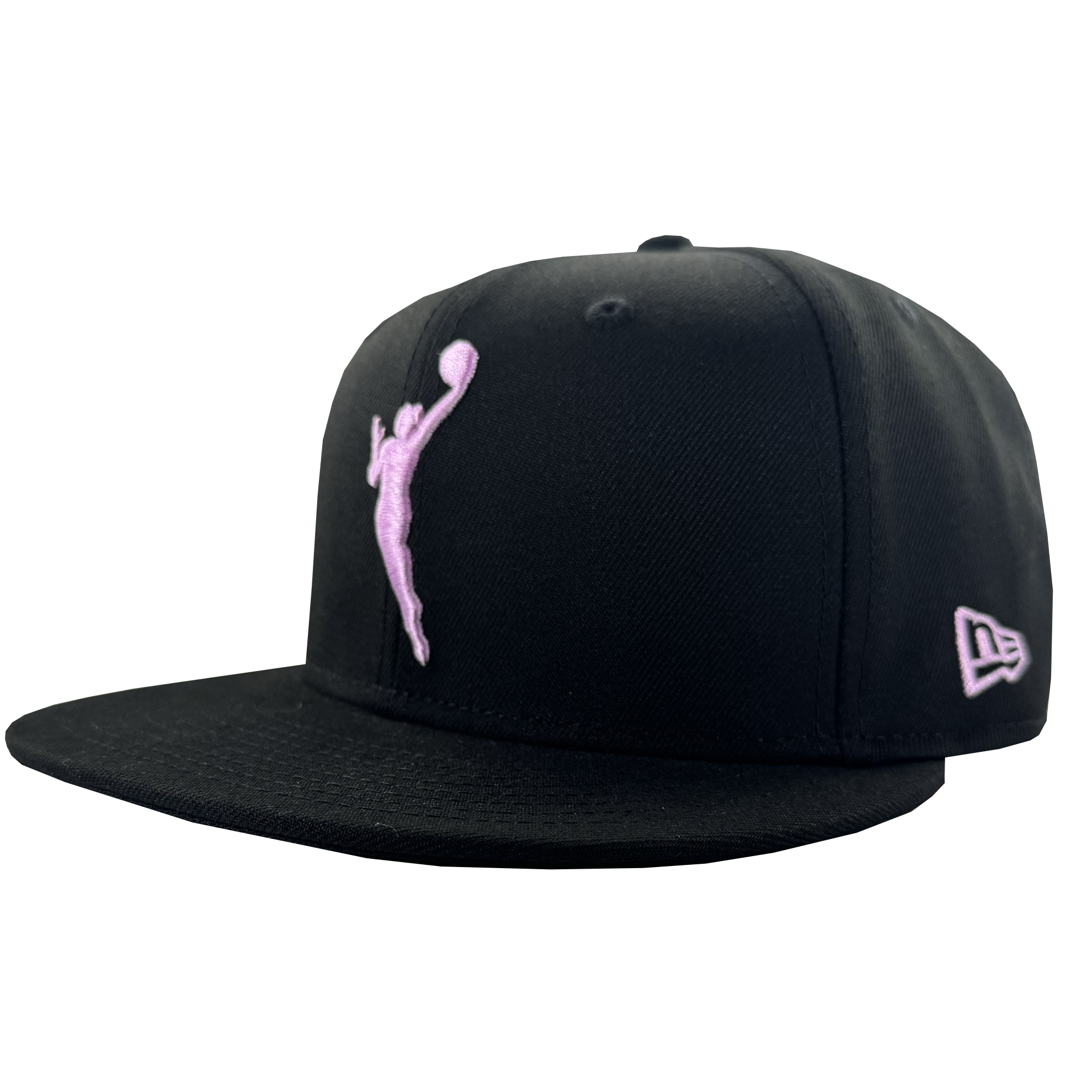 The GSV WNBA 9FIFTY Snapback by GSV features a black cap with a light pink basketball player dunking on the front and a matching pink New Era logo embroidered on the right side, set against a plain white background.