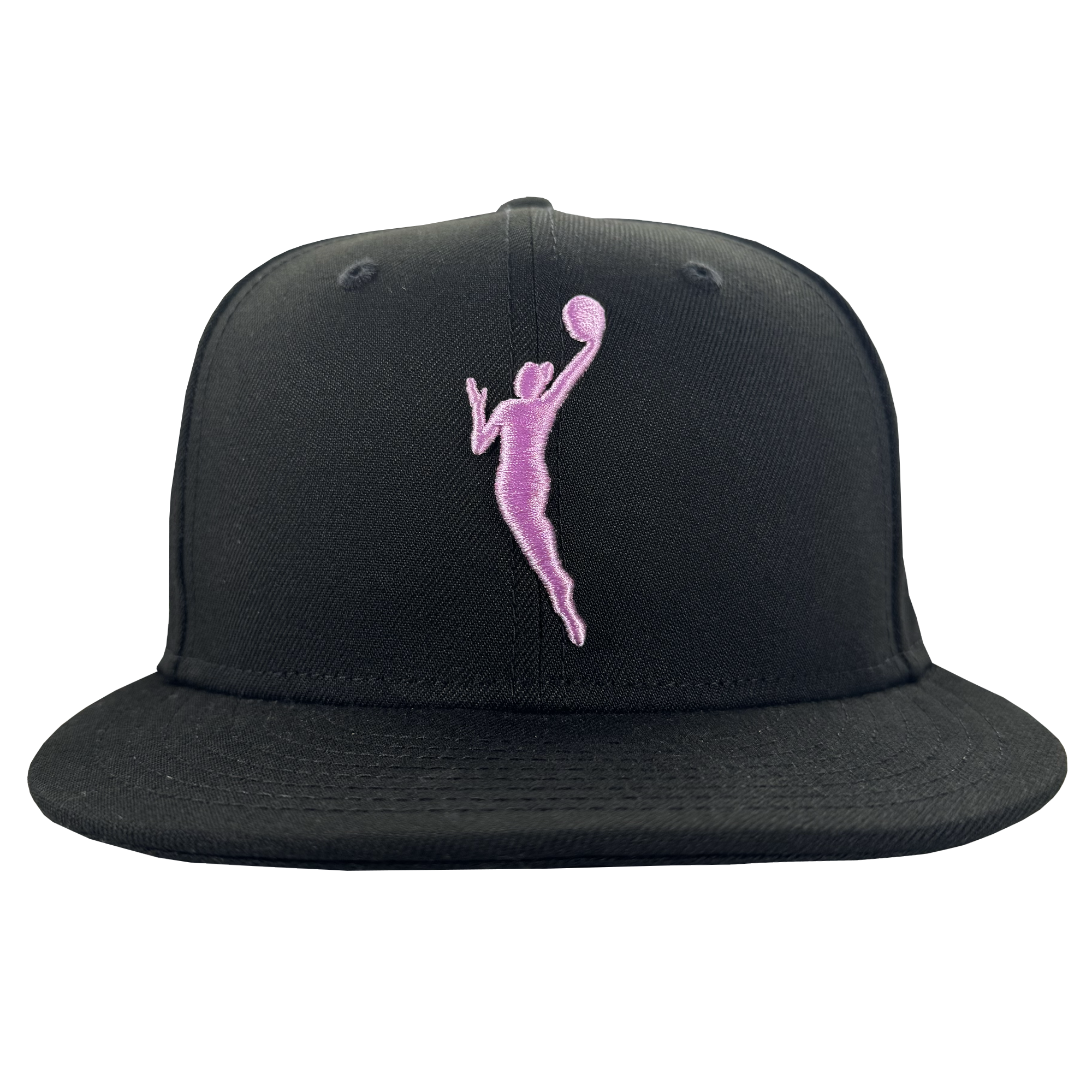 The GSV WNBA 9FIFTY Snapback is a black cap with a pink embroidered basketball player silhouette leaping with one arm raised, holding a ball, centered on the front panel. Background is plain white.