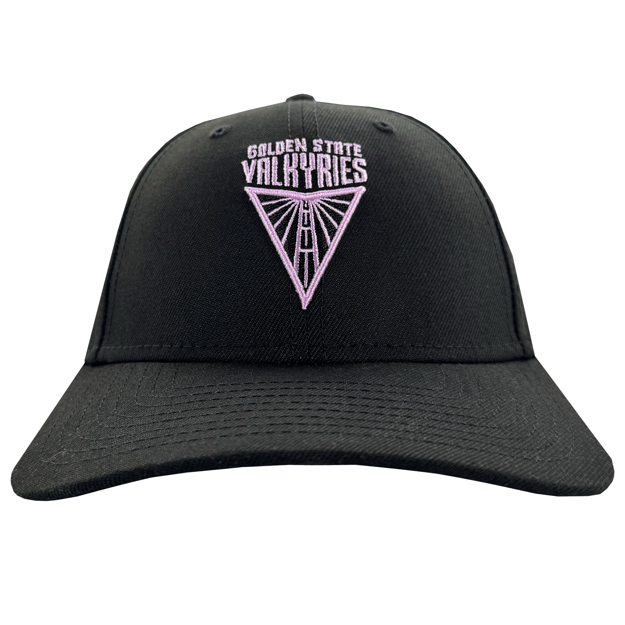 The GSV Logo 9FORTY Snapback by GSV is a black baseball cap with a curved brim, featuring "GOLDEN STATE VALKYRIES" and a purple geometric triangular logo embroidered on the front. The background is plain white.