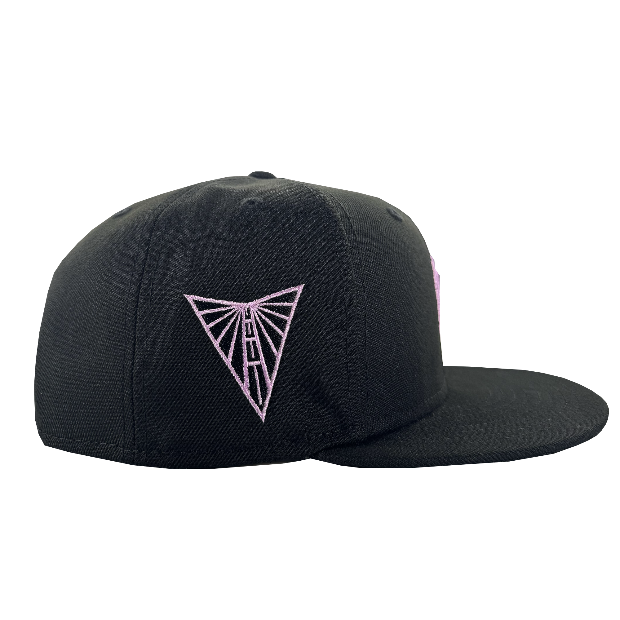 The GSV WNBA 9FIFTY Snapback by GSV is a black flat-brim hat with a pink embroidered geometric triangle design, shown from the side against a plain white background.