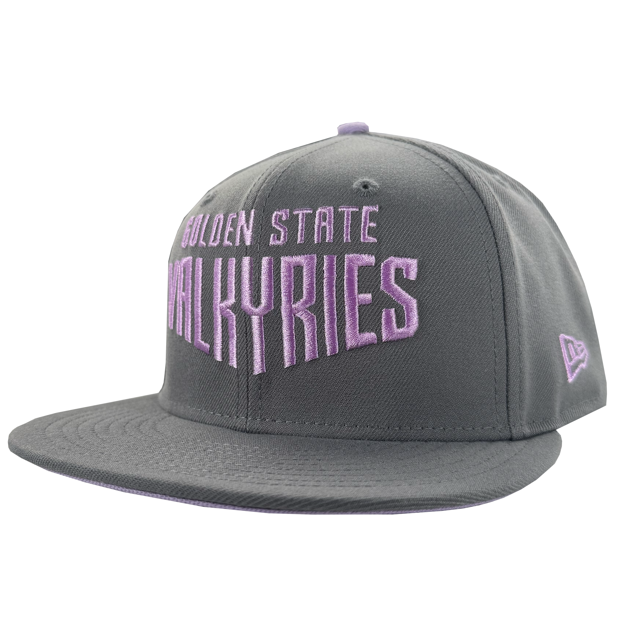 The GSV Wordmark 9FIFTY Snapback by GSV is a gray cap featuring “Golden State Valkyries” in bold light purple embroidery on the front, a purple side logo, adjustable back, top button, and white background.