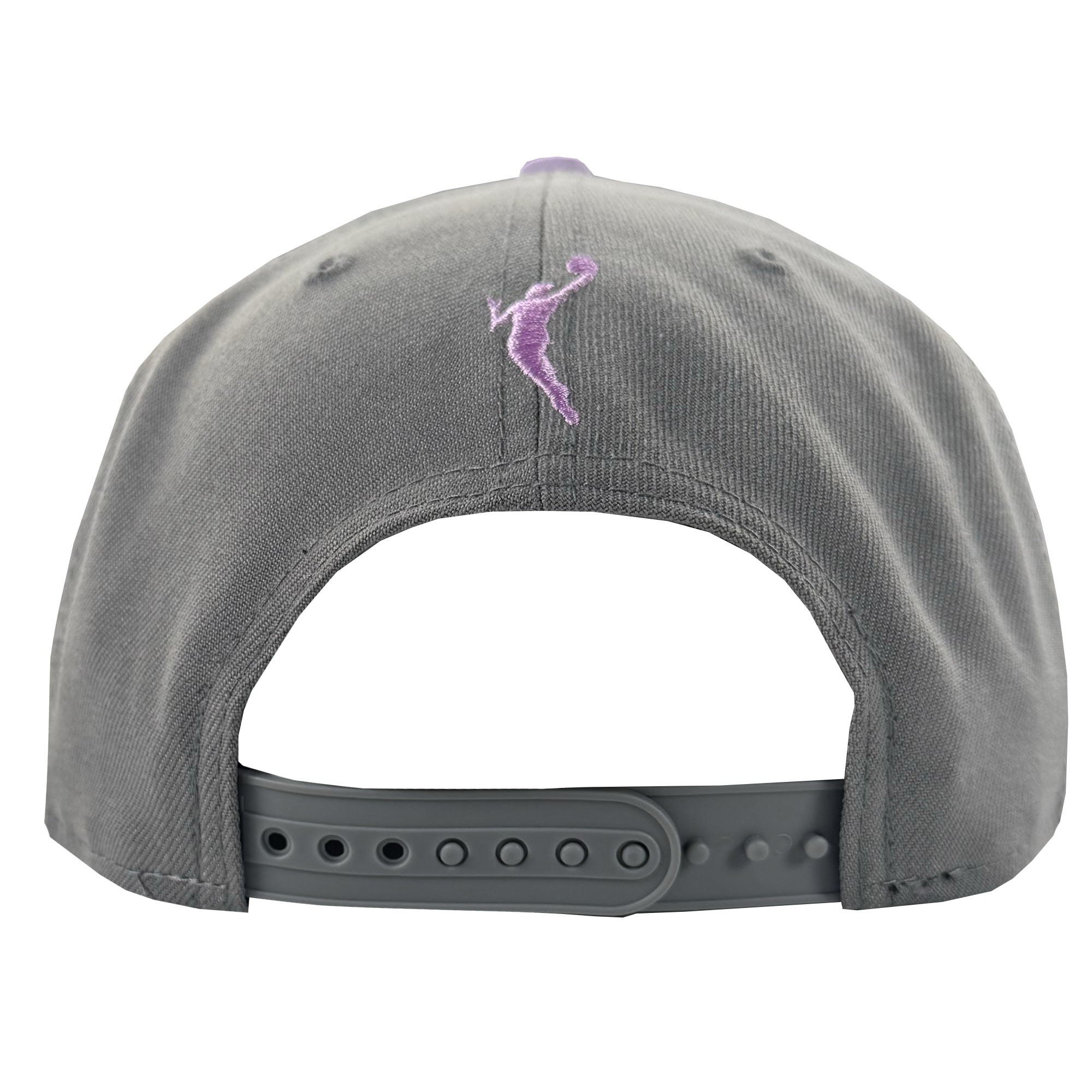 The image features the back of a gray GSV Wordmark 9FIFTY Snapback by GSV, with a plastic snapback closure. A small purple embroidered lizard facing left is above the opening, set against a plain white background.