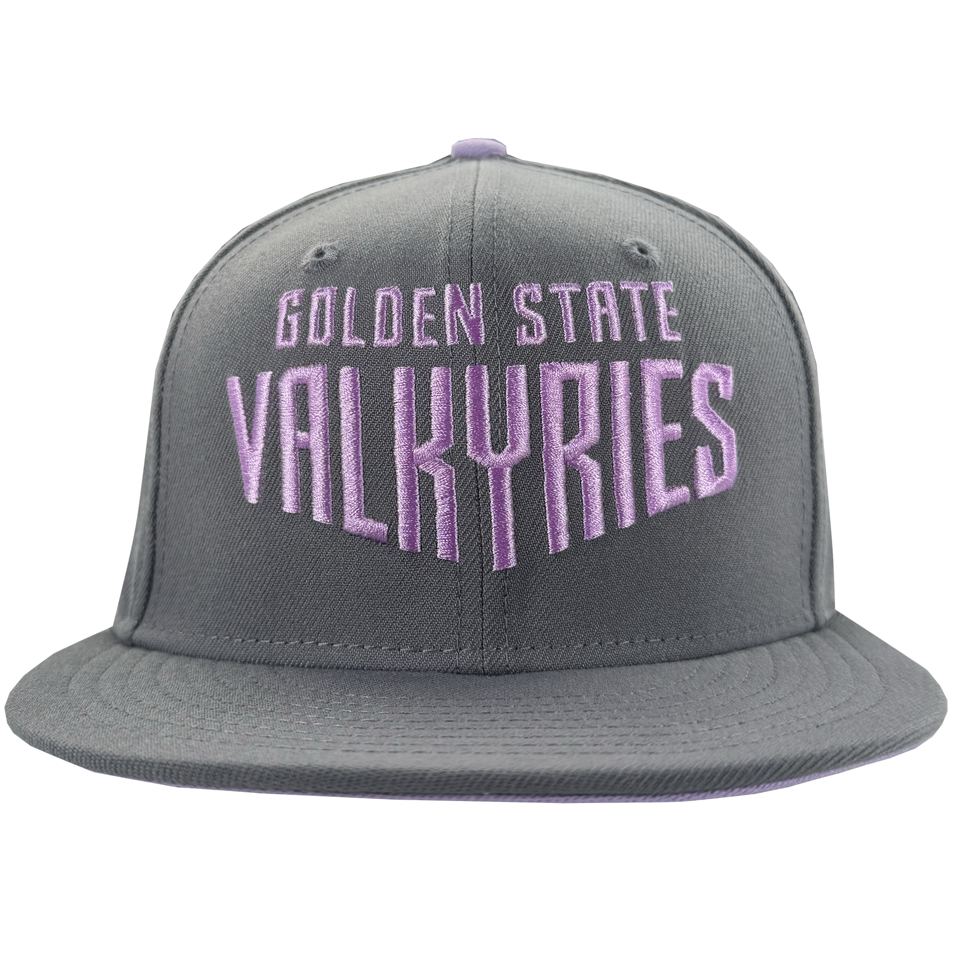 The GSV Wordmark 9FIFTY Snapback by GSV is a gray cap with "Golden State Valkyries" boldly embroidered in lavender and white on the front, flat brim, and stitched panels, shown on a plain white background.