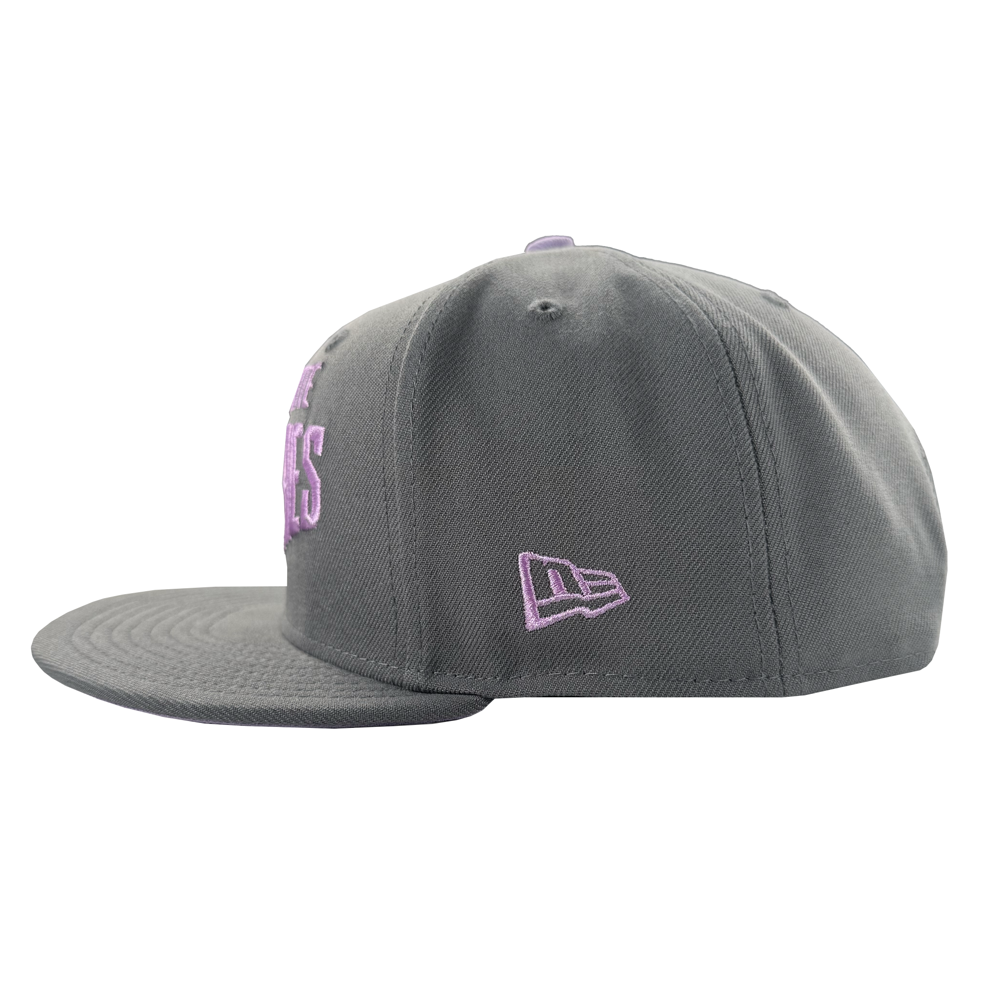 The GSV Wordmark 9FIFTY Snapback by GSV is shown from the side in gray, featuring an embroidered lavender New Era logo on the left and raised lavender branding on the front panel. The background is plain white.