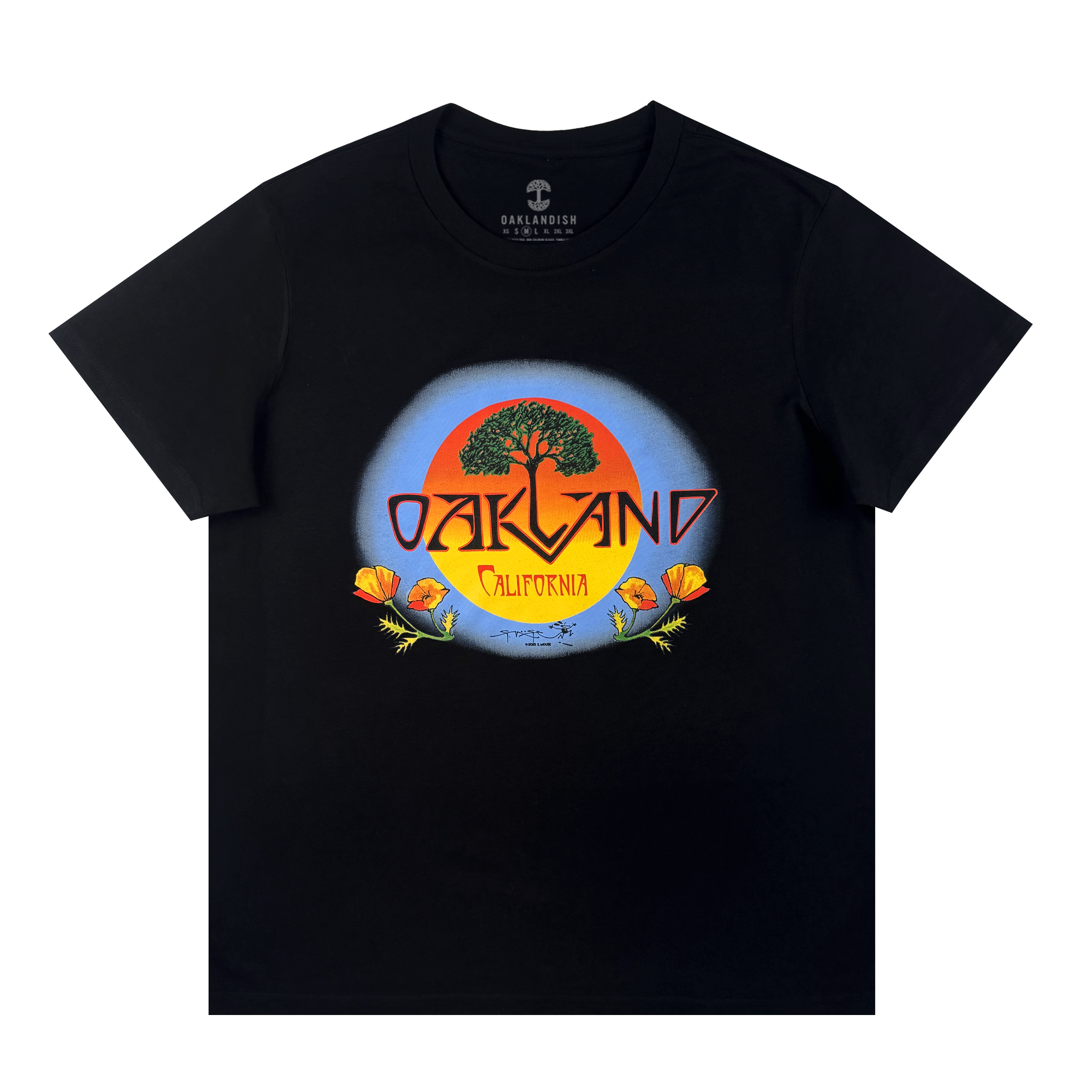 The Oaklandish Women's Vanguard Tee is a cotton t-shirt with a bold tree, orange sun, and poppy flowers graphic. "Oakland" stands over "California" in yellow inside a blue circle, inspired by Stanley Mouse art.